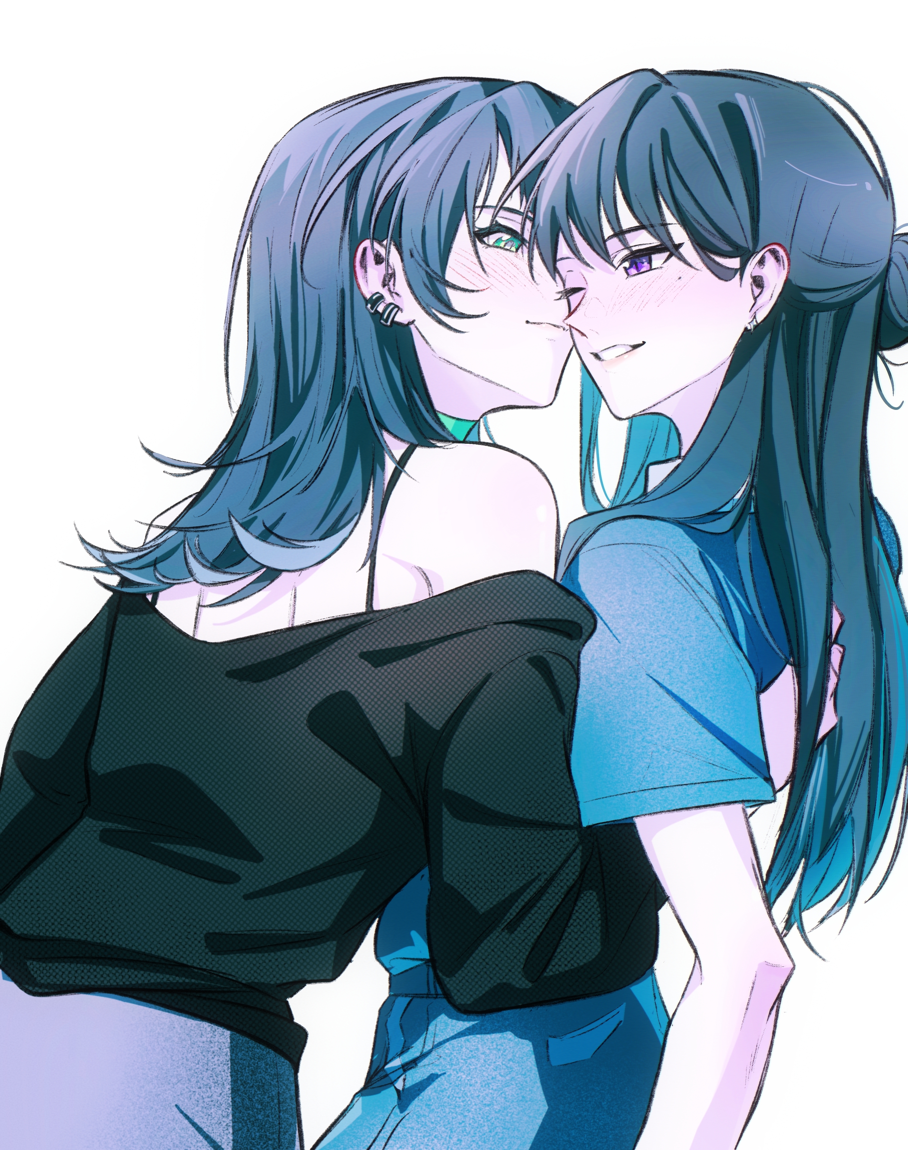 hero45439083942, shiina taki, yahata umiri, bang dream!, bang dream! it's mygo!!!!!, absurdres, chinese commentary, commentary request, highres, 2girls, black hair, black shirt, blue shirt, brown hair, closed mouth, ear piercing, green eyes, hand on another's back, long hair, mole, mole under eye, multiple girls, off shoulder, parted lips, piercing, purple eyes, shirt, short sleeves, simple background, smile, white background, yuri