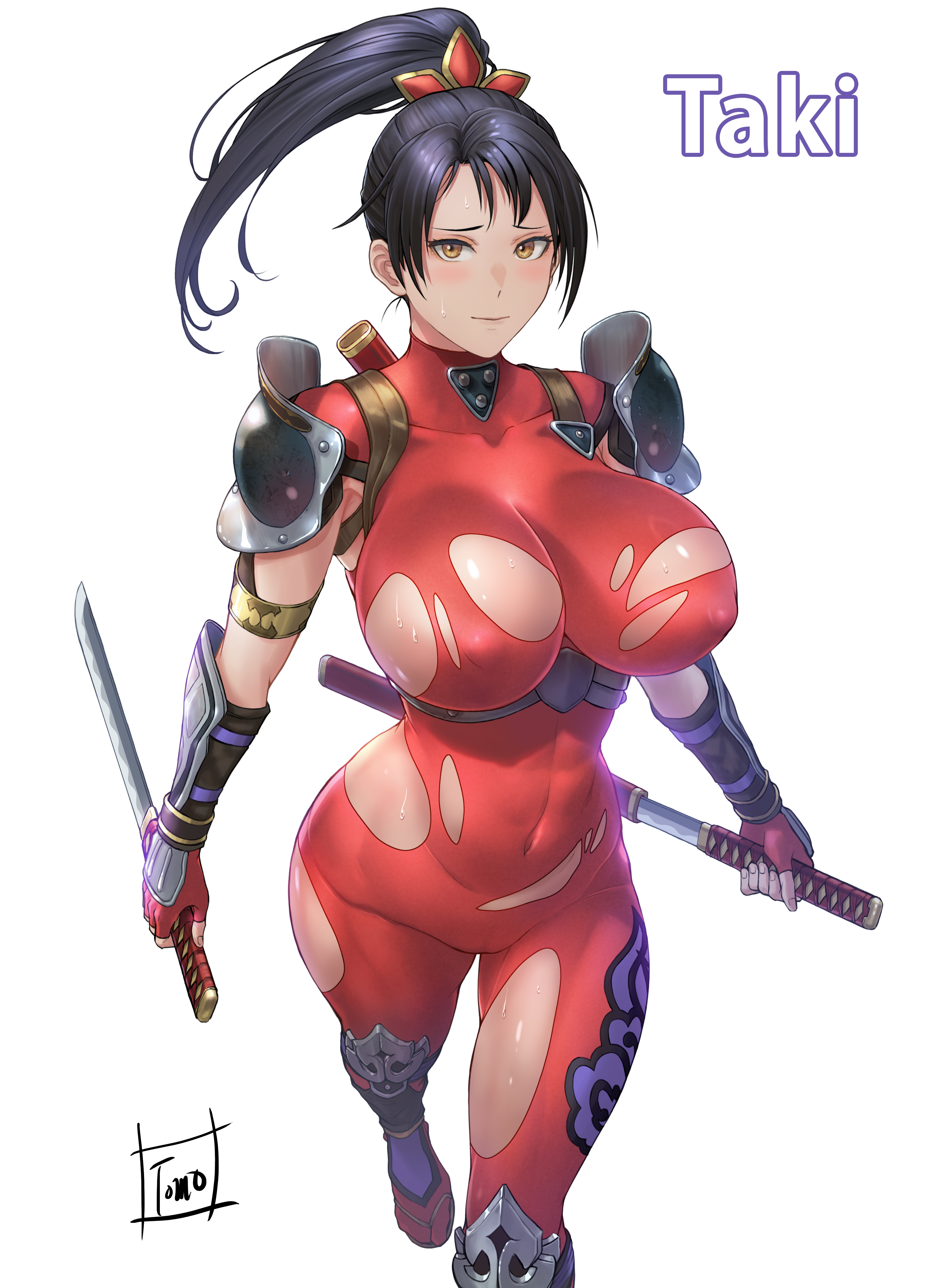 tomo eokaiteru, taki (soulcalibur), soul calibur, 1girl, breasts, large breasts, torn clothes, weapon