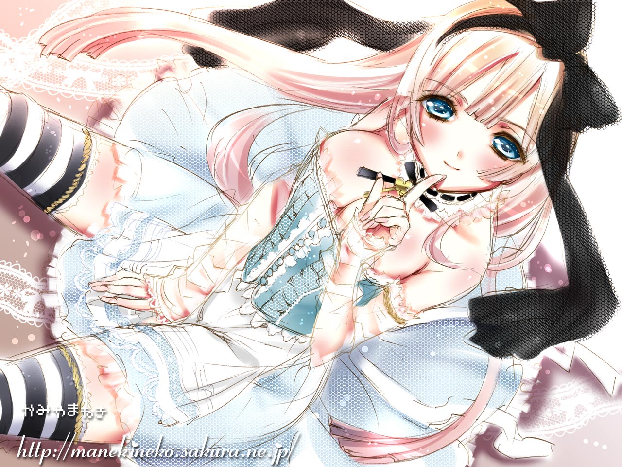 kamiya maneki, original, 1girl, artist name, bare shoulders, blonde hair, blue eyes, blush, breasts, choker, cleavage, corset, detached sleeves, dress, female focus, hair ribbon, key, long hair, ribbon, sketch, solo, striped clothes, striped thighhighs, thighhighs, watermark, web address, zettai ryouiki