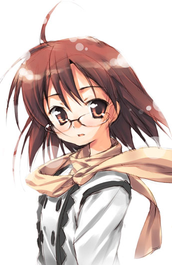 hoshizaki hikaru, original, 1girl, blush, brown eyes, brown hair, buttons, double-breasted, female focus, glasses, long sleeves, looking at viewer, rimless eyewear, scarf, simple background, solo, upper body, white background