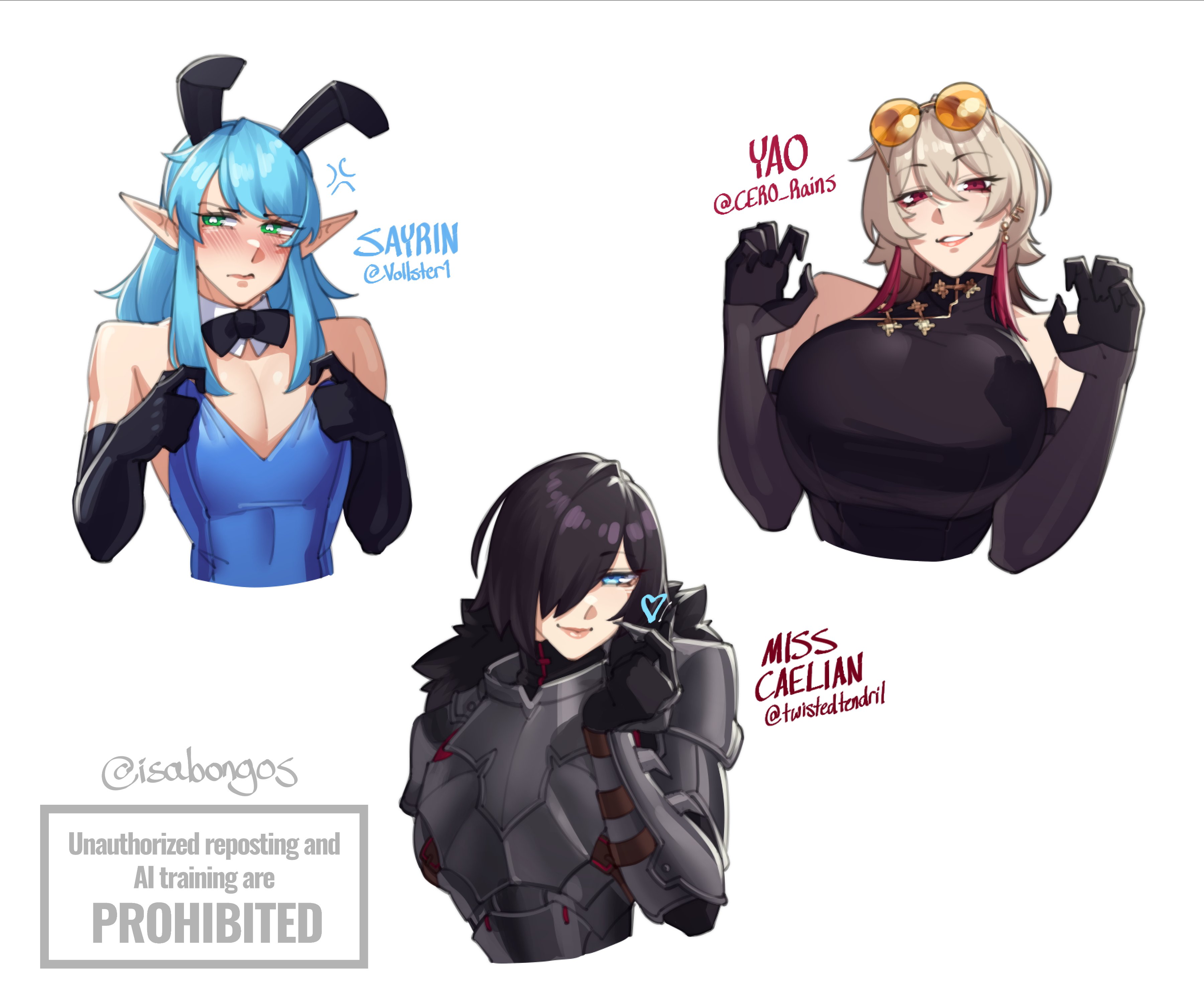 isabongos, original, absurdres, commentary, english commentary, highres, 1boy, 2girls, armor, artist name, averting eyes, bare shoulders, black bow, black bowtie, black gloves, blue leotard, blush, bow, bowtie, breasts, bright pupils, character name, closed mouth, cropped torso, crossdressing, detached collar, earrings, elbow gloves, embarrassed, eyewear on head, gloves, gold trim, green eyes, hair over one eye, hand up, heart, huge breasts, jewelry, leotard, looking at viewer, male playboy bunny, multiple girls, one eye covered, parted lips, pointy ears, red eyes, simple background, sleeveless, smile, swept bangs, tassel, tassel earrings, trap, twitter username, white background, white pupils