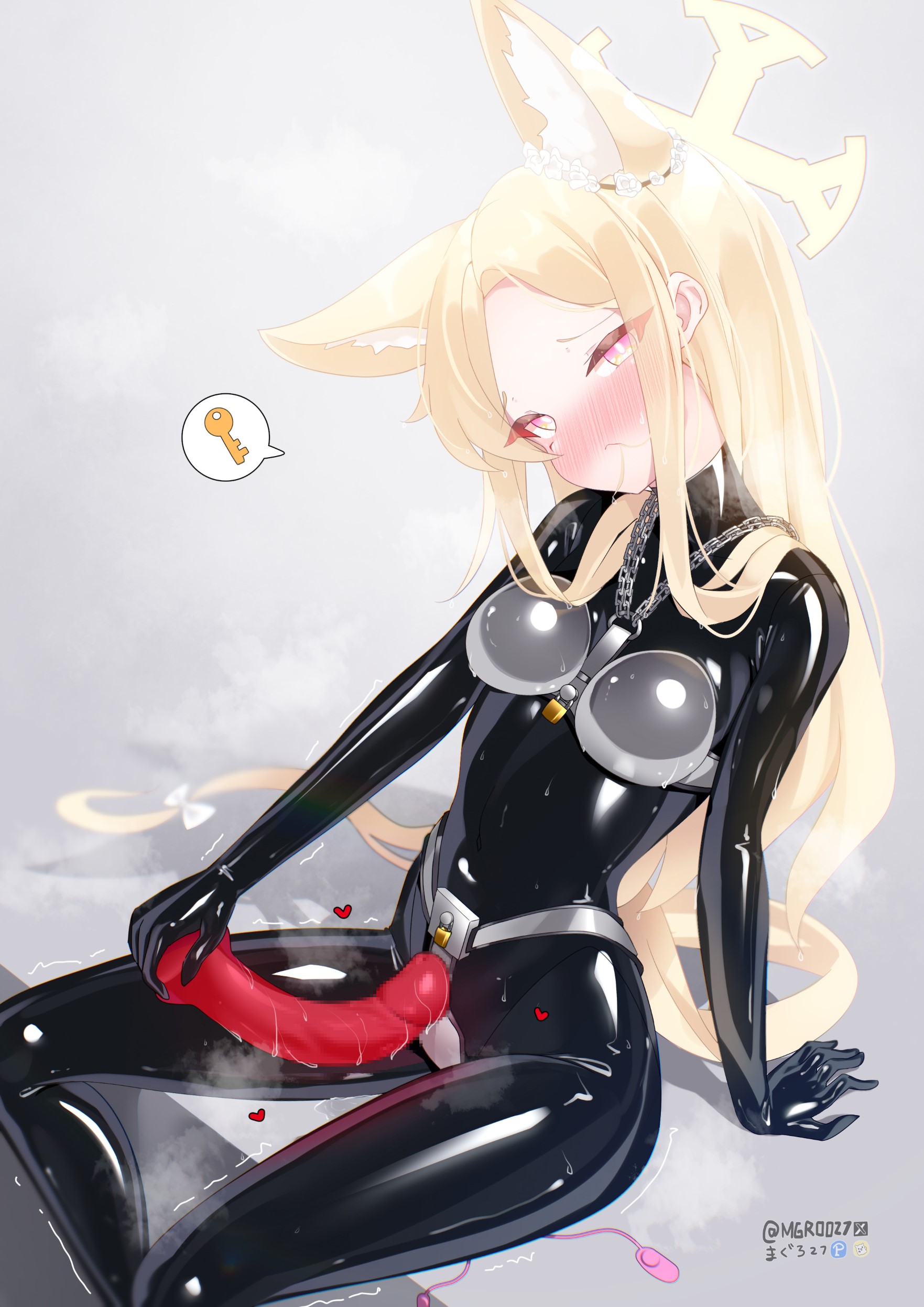 maguro27, seia (blue archive), blue archive, absurdres, highres, 1girl, animal ears, blonde hair, blush, bodysuit, breasts, chastity belt, chastity cage, dildo, fox ears, halo, impossible bodysuit, impossible clothes, impossible leotard, latex, latex bodysuit, leotard, long hair, looking at viewer, orange eyes, sex toy, sitting, skin tight, small breasts, solo, vibrator