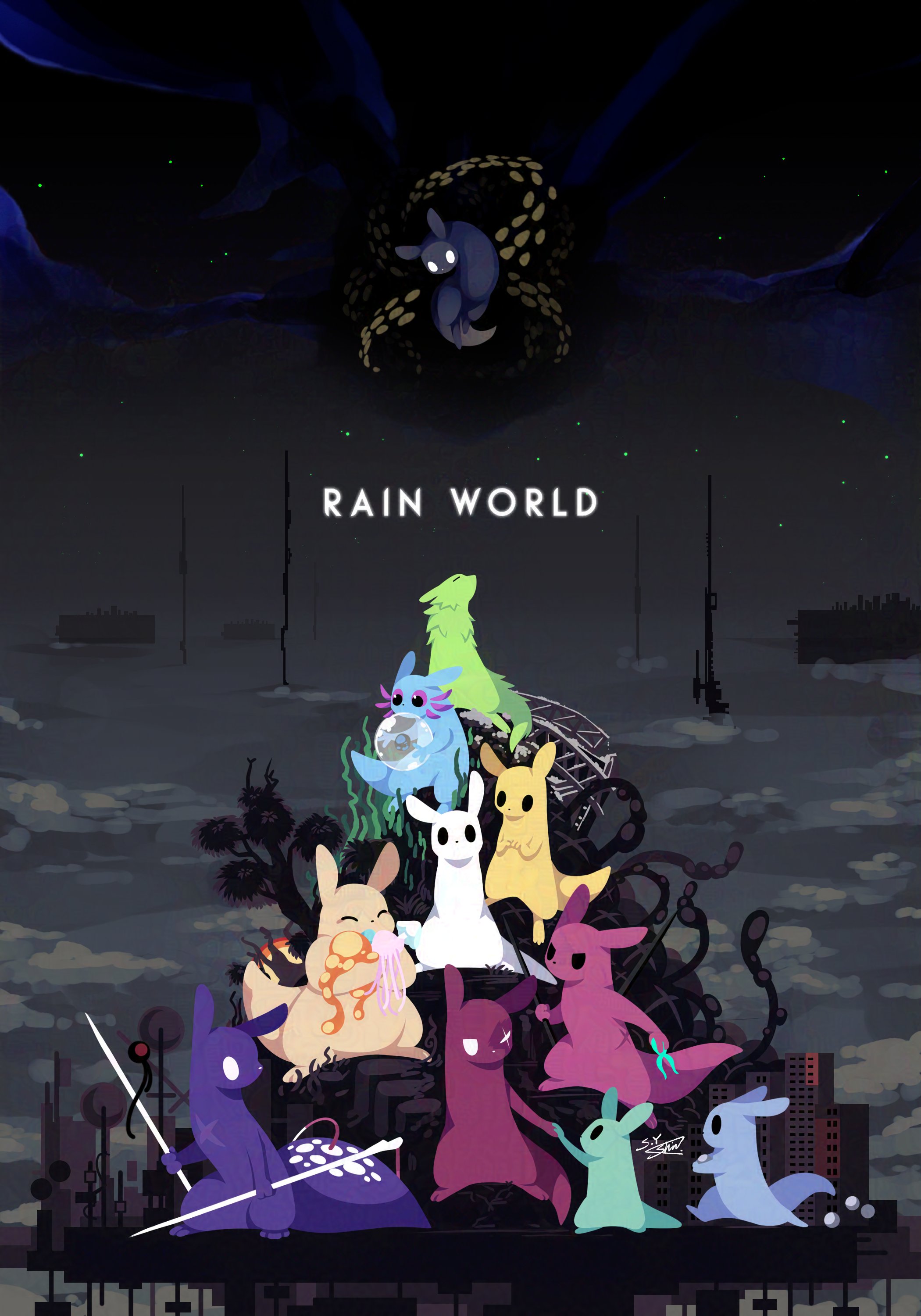 artificer (rain world), gourmand (rain world), hunter (rain world), monk (rain world), rivulet (rain world), saint (rain world), slugcat, spearmaster (rain world), survivor (rain world), watcher (rain world), rain world, absurdres, commentary, english commentary, highres, korean commentary, mixed-language commentary, spoilers, axolotl ears, black eyes, bubble fruit (rain world), building, burn scar, colored sclera, colored skin, copyright name, creature, gaming gecko02, green fur, grey background, looking down, looking up, midair, neuron fly (rain world), no humans, no mouth, pearl (rain world), pink sclera, rot (rain world), scar, scar across eye, scar on face, signature, slugpup