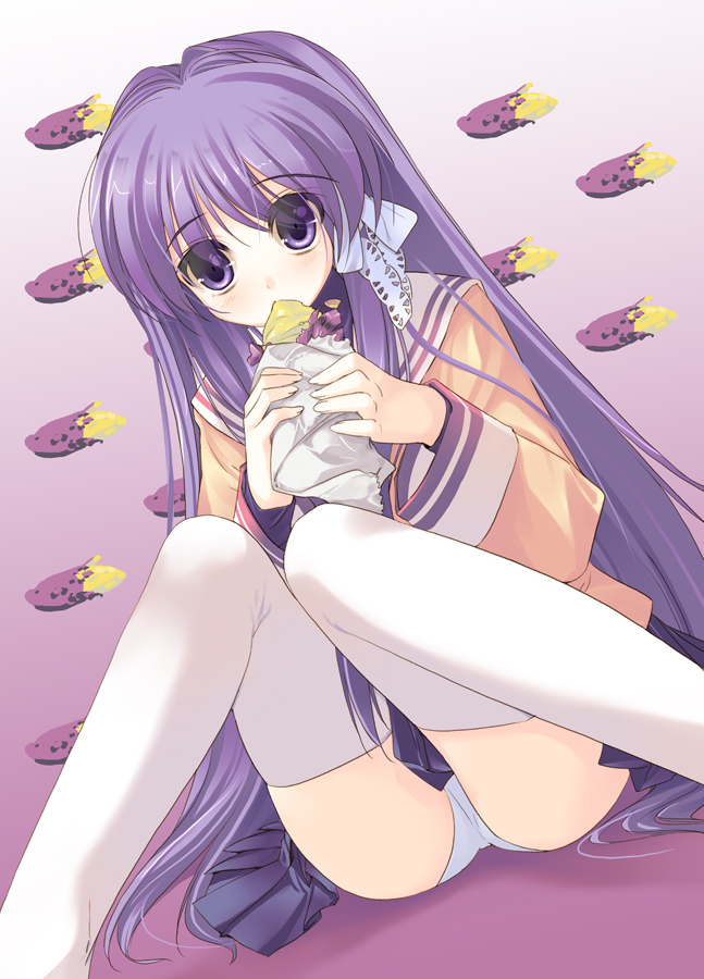 arikawa satoru, fujibayashi kyou, clannad, 00s, 1girl, ass, eating, female focus, food, gradient background, hair spread out, long hair, mouth hold, panties, purple eyes, purple hair, school uniform, serafuku, sitting, solo, sweet potato, thighhighs, underwear, very long hair
