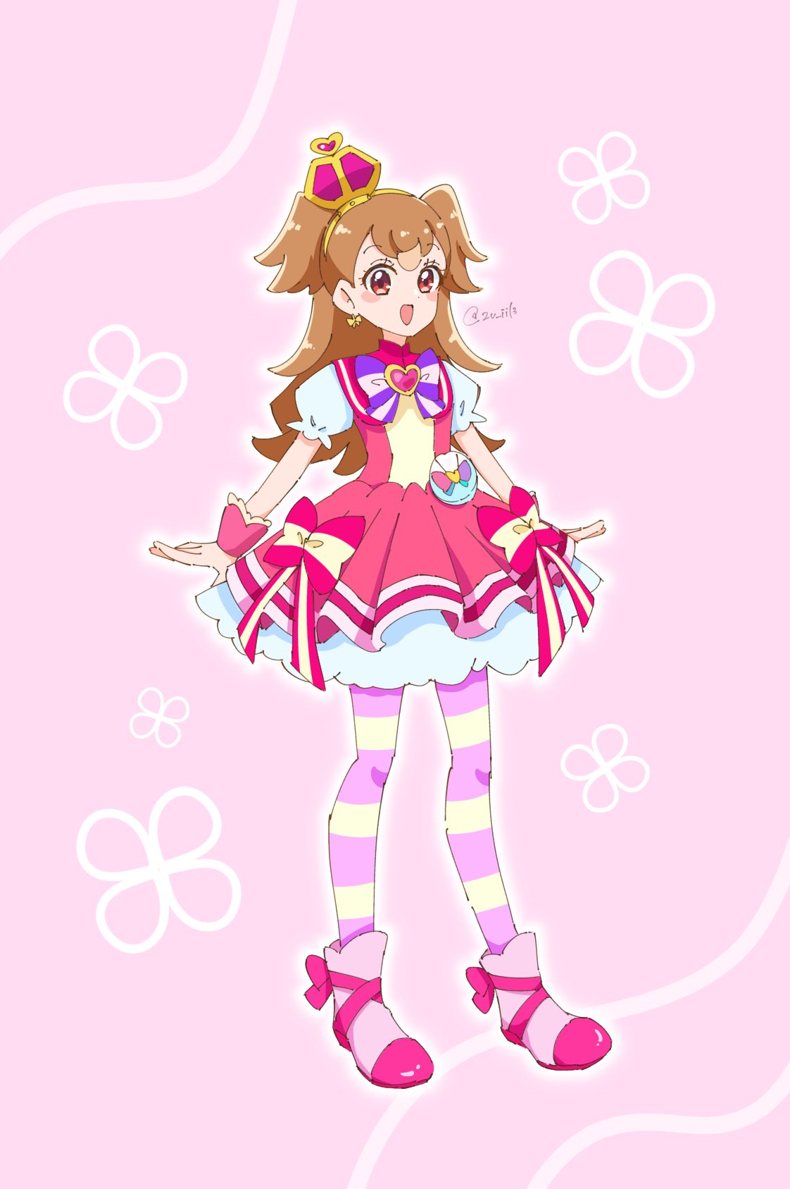2v iil3, cure wonderful, inukai komugi, precure, wonderful precure!, commentary, highres, 1girl, :d, arched crown, arms at sides, blush, boots, bow, bow earrings, brooch, brown hair, capelet, cosplay, crown, cure wonderful (cosplay), dress, dress bow, earrings, floral background, footwear bow, frilled wrist cuffs, frills, full body, gold hairband, hairband, heart, heart brooch, jewelry, long hair, looking at viewer, magical girl, mini crown, multicolored bow, multicolored pantyhose, open mouth, pact holder, pantyhose, petticoat, pink background, pink boots, pink bow, pink capelet, pink crown, pink dress, pink pantyhose, pink theme, pink wrist cuffs, pouch, puffy short sleeves, puffy sleeves, purple bow, red eyes, self cosplay, short dress, short sleeves, smile, solo, standing, striped bow, striped clothes, striped pantyhose, tilted headwear, twitter username, two-tone pantyhose, two side up, wonderful pact, wrist cuffs, yellow pantyhose