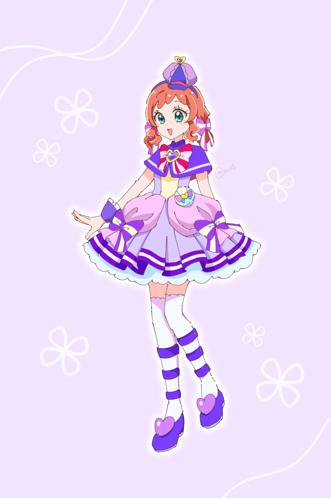 2v iil3, cure friendy, inukai iroha, precure, wonderful precure!, commentary, highres, 1girl, :d, arm at side, arm behind back, blush, bow, brooch, capelet, cosplay, cure friendy (cosplay), deerstalker, dress, dress bow, floral background, frilled wrist cuffs, frills, full body, green eyes, hair bow, hairband, hat, hat ornament, heart, heart brooch, heart hat ornament, jewelry, looking at viewer, magical girl, multicolored bow, open mouth, orange hair, pact holder, petticoat, pink bow, pouch, purple background, purple bow, purple capelet, purple dress, purple hairband, purple hat, purple shoes, purple theme, purple wrist cuffs, self cosplay, shoes, short dress, short hair with long locks, sleeveless, sleeveless dress, smile, solo, standing, striped bow, thighhighs, tilted headwear, twitter username, white thighhighs, wonderful pact, wrist cuffs, zettai ryouiki