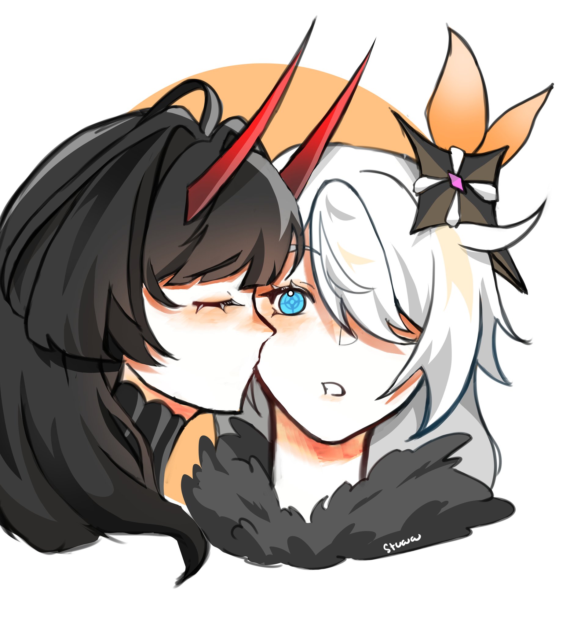 kiana kaslana, kiana kaslana (herrscher of the void), raiden mei, raiden mei (herrscher of thunder), honkai (series), honkai impact 3rd, commentary, hashtag-only commentary, highres, 2girls, black hair, blue eyes, fur collar, hair over one eye, horns, kiss, kissing cheek, multiple girls, red horns, signature, stuwilla, symbol-shaped pupils, white hair, yuri