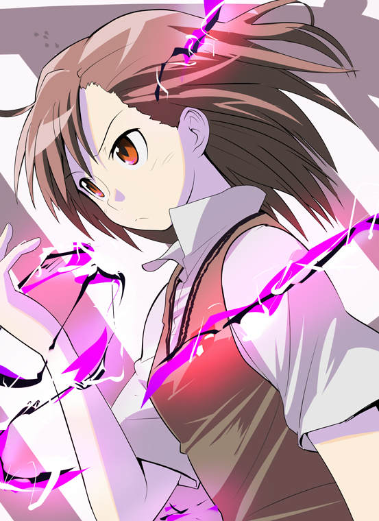 watarai, watarai keiji, misaka mikoto, toaru kagaku no railgun, toaru majutsu no index, psychic, 00s, 1girl, androgynous, brown hair, electricity, electrokinesis, energy, expressionless, fantasy, female focus, from side, glowing, magic, red eyes, school uniform, science fiction, short hair, short sleeves, solo, sweater vest, tokiwadai school uniform, upper body