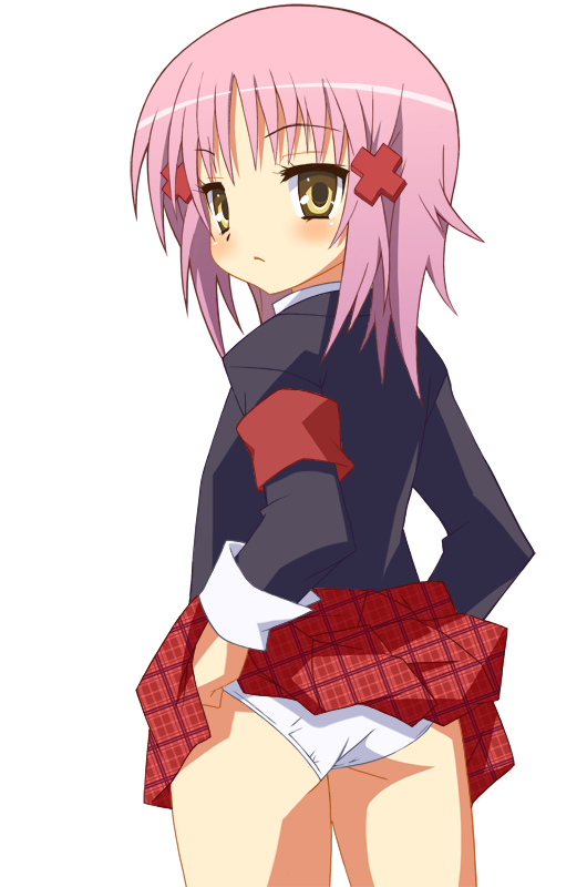 9law, hinamori amu, shugo chara!, plaid, bad id, bad pixiv id, armband, blush, clothes lift, hair ornament, loli, looking back, panties, pink hair, short hair, skirt, skirt lift, solo, underwear, white panties, yellow eyes