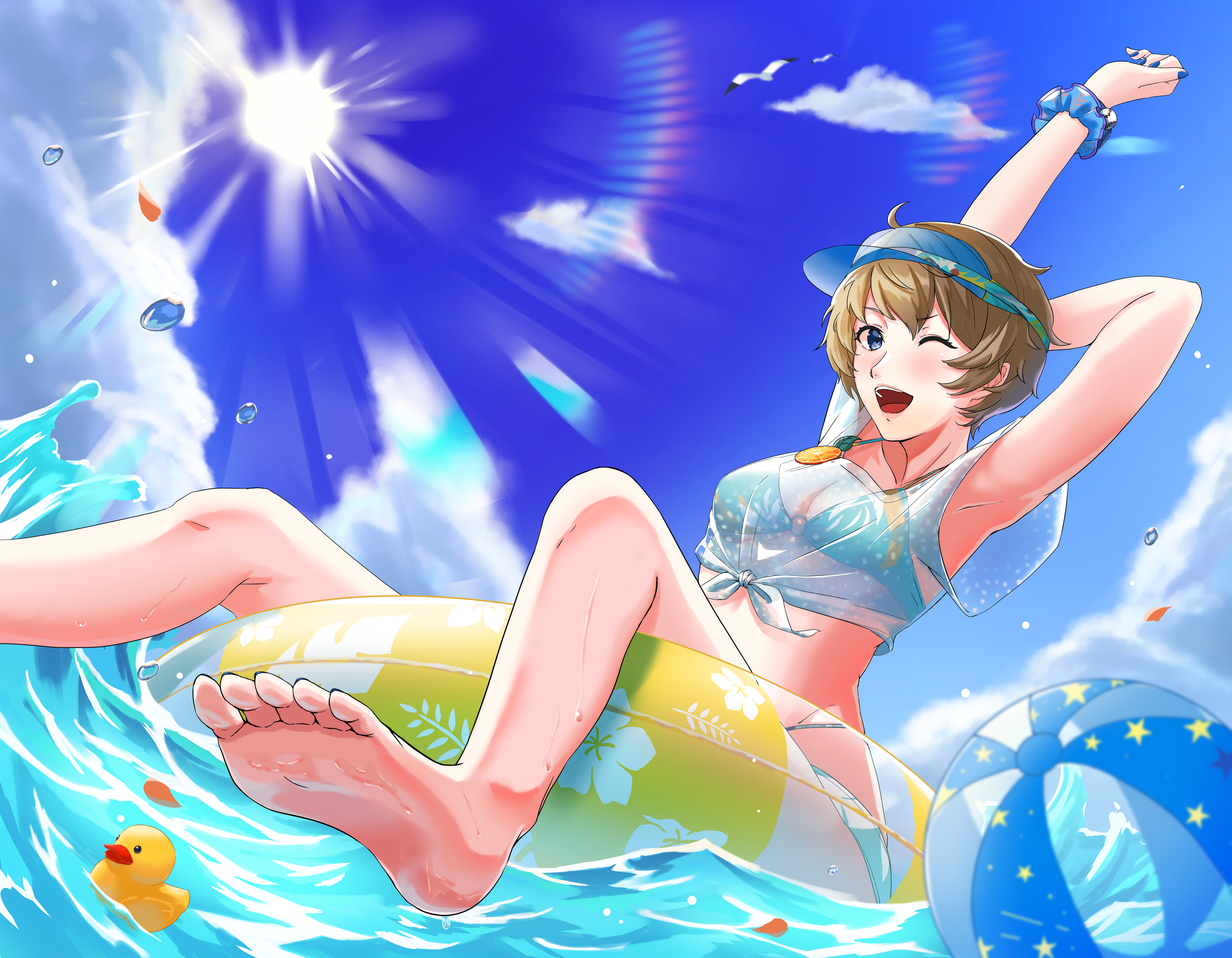 mo yako, arai motoha, persona, persona 5, persona 5: the phantom x, absurdres, highres, armpits, arms up, ball, barefoot, beachball, bikini, bikini under clothes, bird, blue bikini, blue eyes, brown hair, feet, foot out of frame, innertube, legs, ocean, one eye closed, open mouth, rubber duck, scrunchie, seagull, see-through clothes, see-through shirt, shirt, short hair, soles, swim ring, swimsuit, swimsuit under clothes, teeth, tied shirt, toes, upper teeth only, visor cap, wrist scrunchie