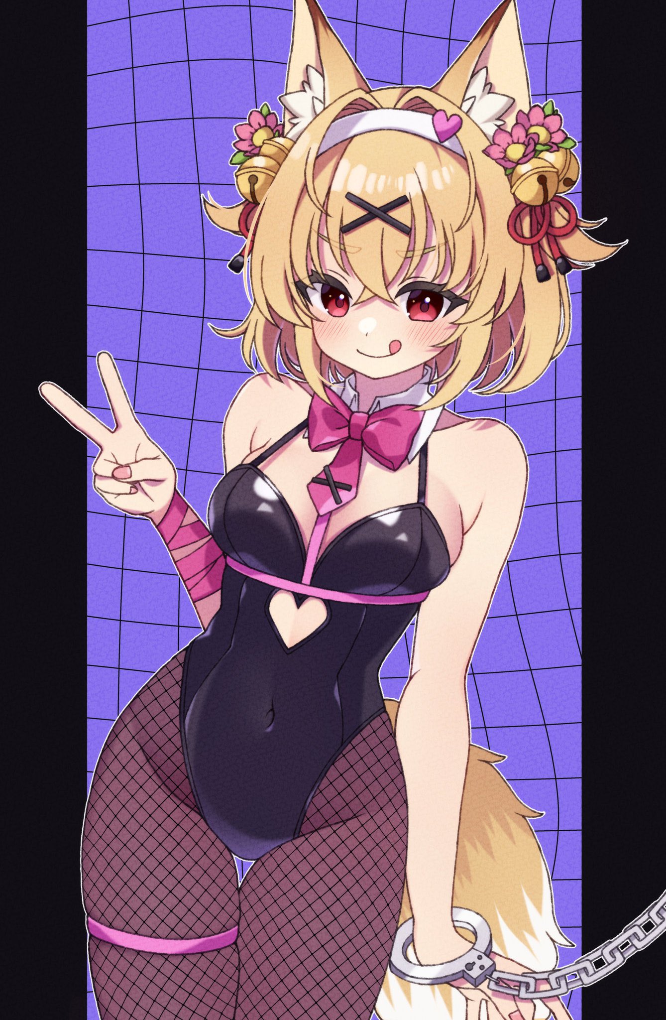 popo (popopuri), kosuzu rin-chan (sinon77), original, rabbit hole (vocaloid), commission, highres, second-party source, skeb commission, 1girl, :q, animal ear fluff, animal ears, bare shoulders, bell, black border, black leotard, blonde hair, blue background, border, bow, bowtie, clothing cutout, collar, covered navel, cowboy shot, detached collar, fishnet pantyhose, fishnets, flower, fox ears, fox girl, fox tail, hair bell, hair flower, hair ornament, hairband, halter leotard, halterneck, hand up, heart cutout, highleg, highleg leotard, jingle bell, leotard, licking lips, looking at viewer, necktie, pantyhose, pillarboxed, pink bow, pink bowtie, pink necktie, red eyes, ribbon, spaghetti strap, strap, tail, thigh strap, tongue, tongue out, v, white collar, white hairband, wing collar, wrist cuffs, wrist ribbon, x hair ornament