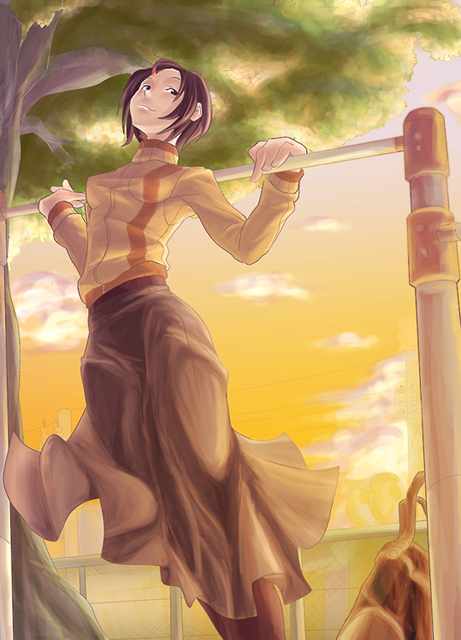 painpa, bad id, bad pixiv id, bag, bar (place), brown eyes, brown hair, cloud, hair ornament, hairclip, horizontal bar, pantyhose, pole, short hair, skirt, sky, solo, sunset, sweater, tree, turtleneck