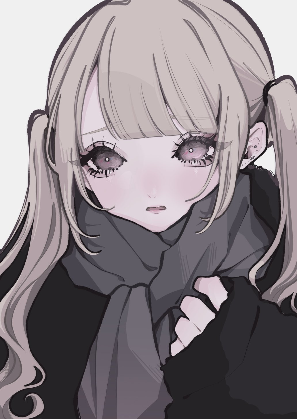 senimin0192, original, commentary request, highres, 1girl, aegyo sal, black sweater, blonde hair, blunt bangs, bright pupils, grey background, grey scarf, hair tie, hand on own chest, hand up, long hair, long sleeves, looking at viewer, parted lips, pink eyes, puffy long sleeves, puffy sleeves, raised inner eyebrows, scarf, simple background, sleeves past wrists, solo, sweater, twintails, upper body, white pupils