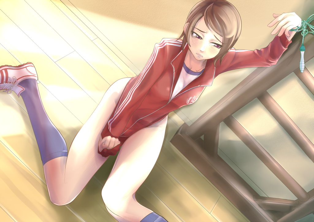 painpa, original, 1girl, bdsm, bondage, bottomless, bound, brown eyes, brown hair, covering crotch, covering privates, dutch angle, embarrassed, female focus, gym uniform, jacket, jump rope, kneehighs, kneeling, legs, long legs, purple eyes, shirt tug, shoes, short hair, sitting, sneakers, socks, solo