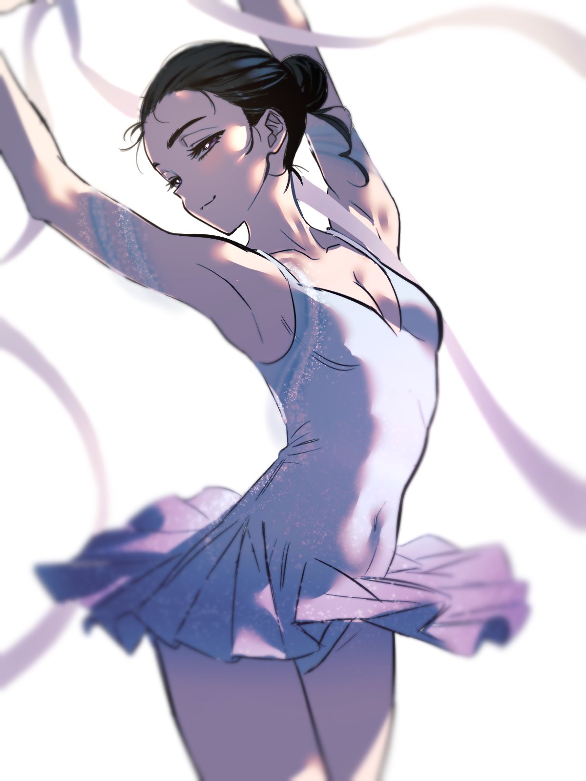 dogjetong, sua (alien stage), alien stage, commentary, hashtag-only commentary, highres, 1girl, armpits, arms up, black hair, breasts, cleavage, covered navel, cowboy shot, hair bun, leotard, official alternate costume, ribbon, skirt, small breasts, solo, white leotard