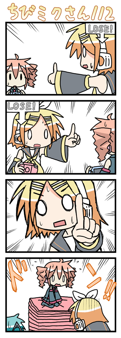 minami (colorful palette), chibi miku, hatsune miku, kagamine rin, kasane teto, kasane teto (utau), utau, vocaloid, long image, tall image, 0 0, 3girls, 4koma, bowing, chibi, comic, crossover, cushion, drill hair, handheld game console, multiple girls, playing games, playstation portable, prostration, silent comic, sweat, twin drills, twintails, video game, zabuton