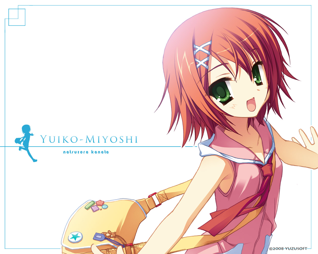 kobuichi, muririn, miyoshi yuiko, natsuzora kanata, 00s, 1girl, 2008, bag, character name, company name, copyright name, female focus, green eyes, handbag, happy, open mouth, orange hair, red hair, short hair, smile, solo
