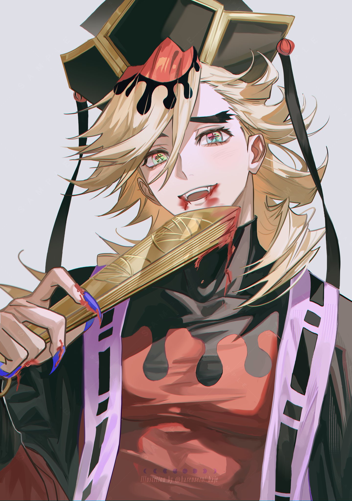 harenzero, douma (kimetsu no yaiba), kimetsu no yaiba, commentary, highres, 1boy, black hat, blonde hair, blood, blood from mouth, blood on face, fangs, fingernails, flipped hair, folded fan, folding fan, hand fan, hat, holding, holding fan, japanese clothes, long hair, looking at viewer, male focus, multicolored eyes, open mouth, rainbow eyes, red shirt, sharp fingernails, shirt, simple background, smile, solo, text in eyes, thick eyebrows, turtleneck, twitter username, upper body, white background