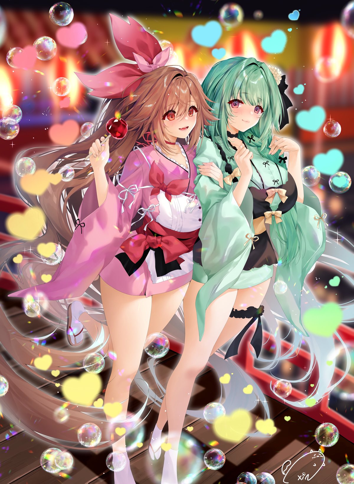 weisuoxin, enju (z/x), z/x, highres, official art, 2girls, ahoge, blurry, blurry background, breasts, bridge, brown hair, bubble, candy apple, closed mouth, copyright notice, dating, food, frilled thigh strap, green hair, green kimono, hair ornament, heart, high ponytail, holding, holding candy apple, holding food, japanese clothes, kimono, lantern, large breasts, locked arms, long hair, multiple girls, night, open mouth, orange eyes, outdoors, paper lantern, pink kimono, ponytail, prism (z/x), purple eyes, sandals, short kimono, signature, socks, sparkle, standing, standing on one leg, teeth, thigh strap, very long hair, walking, white socks, wooden bridge, yuri, zouri
