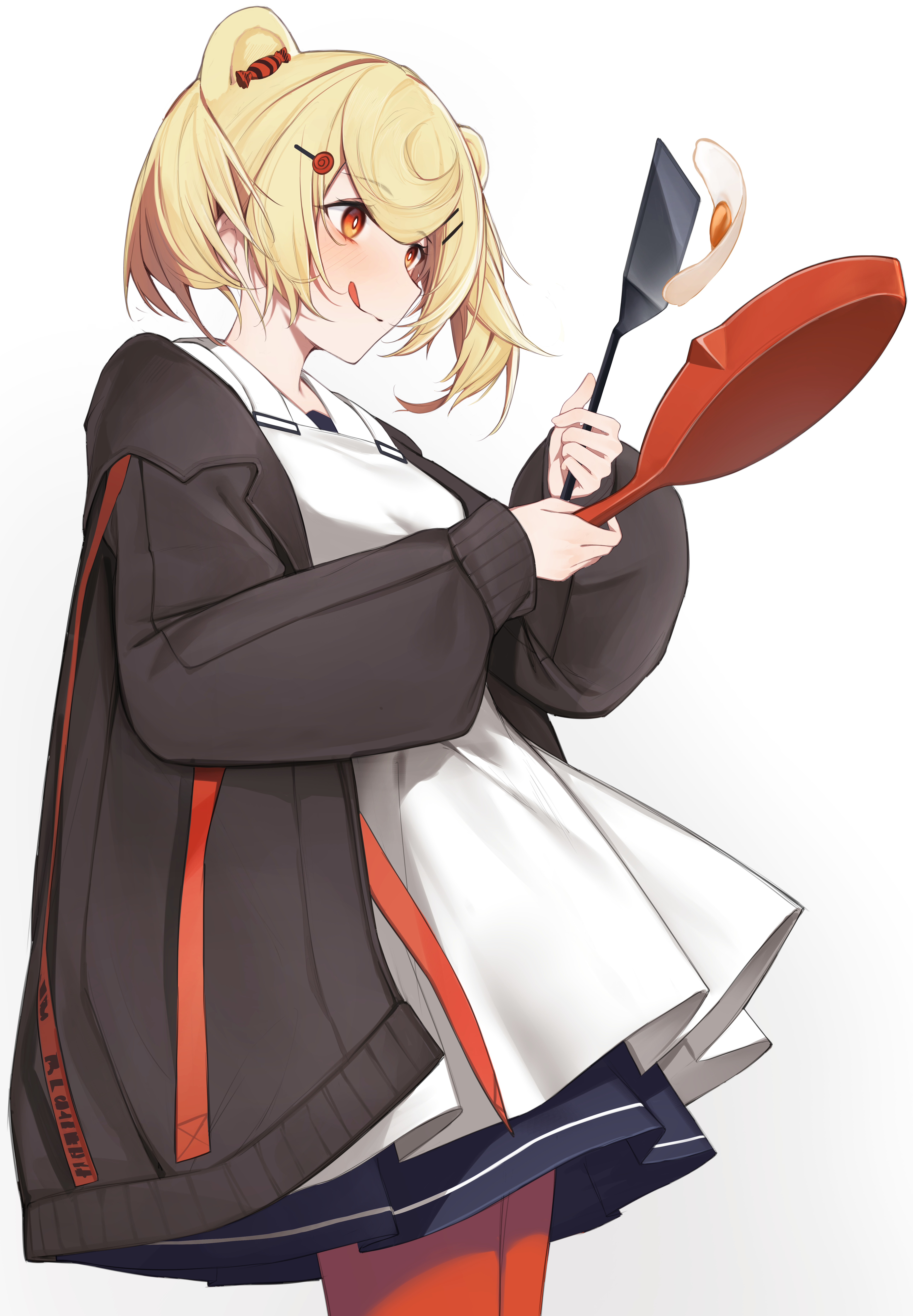 r oot, gummy (arknights), arknights, absurdres, commentary, highres, symbol-only commentary, 1girl, :q, animal ears, apron, black skirt, blonde hair, blush, bright pupils, brown jacket, closed mouth, cooking, cowboy shot, food, fried egg, frying pan, gradient background, grey background, hair ornament, hairclip, holding, holding frying pan, holding spatula, jacket, long sleeves, orange eyes, orange pantyhose, pantyhose, profile, puffy long sleeves, puffy sleeves, short hair, skirt, smile, solo, spatula, standing, tongue, tongue out, white apron, white background, white pupils