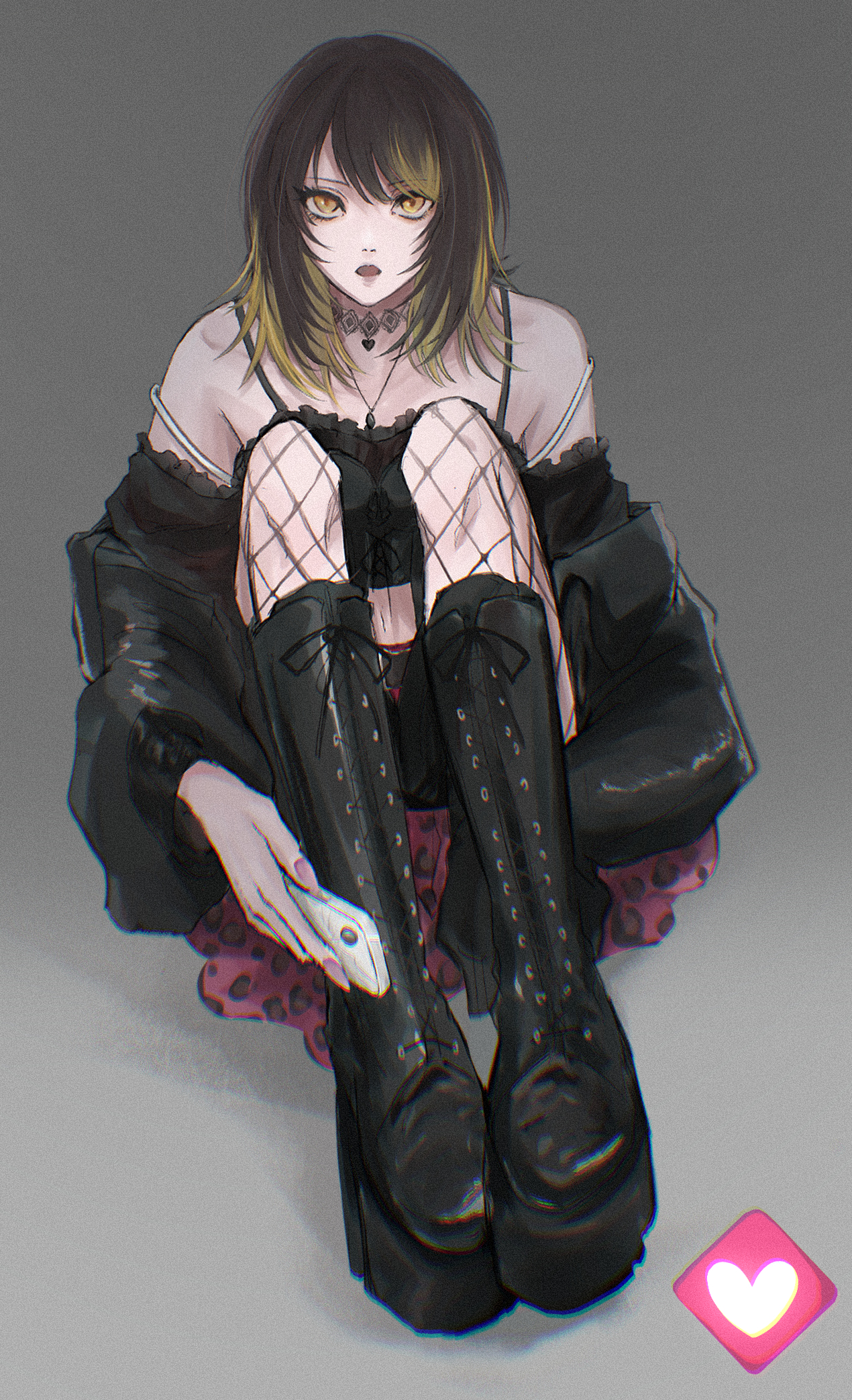 mmntmrt, ikaruga luca, idolmaster, idolmaster shiny colors, highres, 1girl, bare shoulders, black boots, black camisole, black hair, black jacket, boots, camisole, cellphone, choker, crop top, expressionless, fishnet pantyhose, fishnets, green hair, grey background, grey choker, grey nails, heart, holding, holding phone, jacket, jewelry, knees up, lace-trimmed choker, lace-up boots, lace trim, long sleeves, looking at viewer, medium hair, multicolored hair, nail polish, navel, necklace, off shoulder, pantyhose, parted lips, phone, sitting, smartphone, solo, spaghetti strap, streaked hair