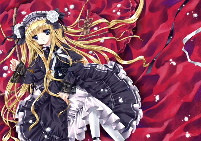 capura lin, blonde hair, blue eyes, bow, dress, frills, gothic lolita, lace, lolita fashion, long hair, solo, very long hair