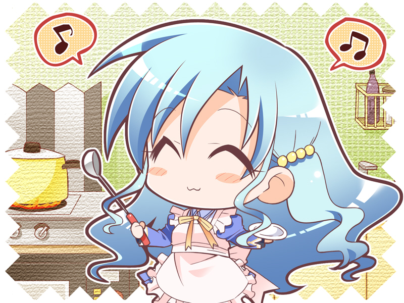 moromizato aoi, pia carrot (series), pia carrot e youkoso!! g.p., game cg, 1girl, :3, apron, beamed quavers, blue hair, blush, chibi, cooking, cooking pot, female focus, happy, ladle, long hair, musical note, plate, quaver, solo, speech bubble, spoken musical note