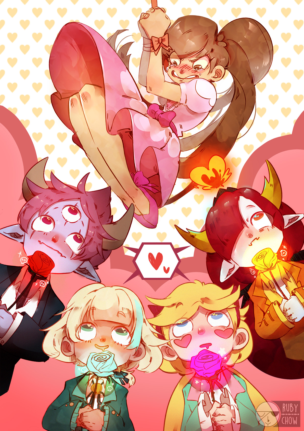 ruby chow, hekapoo, jackie lynn thomas, marco diaz, star butterfly, tom lucitor, star vs the forces of evil, commentary, english commentary, highres, 2boys, 3girls, aqua eyes, aqua flower, aqua jacket, aqua rose, arms up, artist name, black jacket, black necktie, blonde hair, blue eyes, blunt bangs, blush, bolo tie, bound, bound wrists, bow, brown hair, colored lapels, colored skin, crossdressing, crossdressing (mtf), crying, crying with eyes open, demon boy, demon girl, demon horns, dress, drooling, extra eyes, facial mark, fake horns, fang, fire, flower, frilled sleeves, frills, glowing flower, gown, hair over one eye, hairband, hanging, heart, heart background, heart facial mark, high ponytail, holding, holding flower, horn hairband, horns, jacket, knees up, lapels, long hair, long sleeves, looking at another, looking down, looking up, low ponytail, mole, mole under eye, mouth drool, multicolored hair, multicolored jacket, multiple boys, multiple girls, necktie, notched lapels, official alternate costume, official alternate hair length, official alternate hairstyle, orange eyes, orange jacket, own hands clasped, own hands together, parted bangs, partially unbuttoned, peanut mouth, pink bow, pink dress, pink eyes, pink flower, pink hair, pink rose, pink shoes, pointy ears, ponytail, princess marco turdina, puffy short sleeves, puffy sleeves, purple skin, raised eyebrows, red flower, red hair, red ribbon, red rose, ribbon, rose, shared speech bubble, shirt, shoes, short hair, short sleeves, skin fang, speech bubble, spiked hair, spoken heart, streaked hair, suit jacket, swept bangs, tears, trap, two-tone jacket, v-shaped eyebrows, very long hair, watermark, white background, white shirt, white skin, yellow flower, yellow rose, yellow shirt