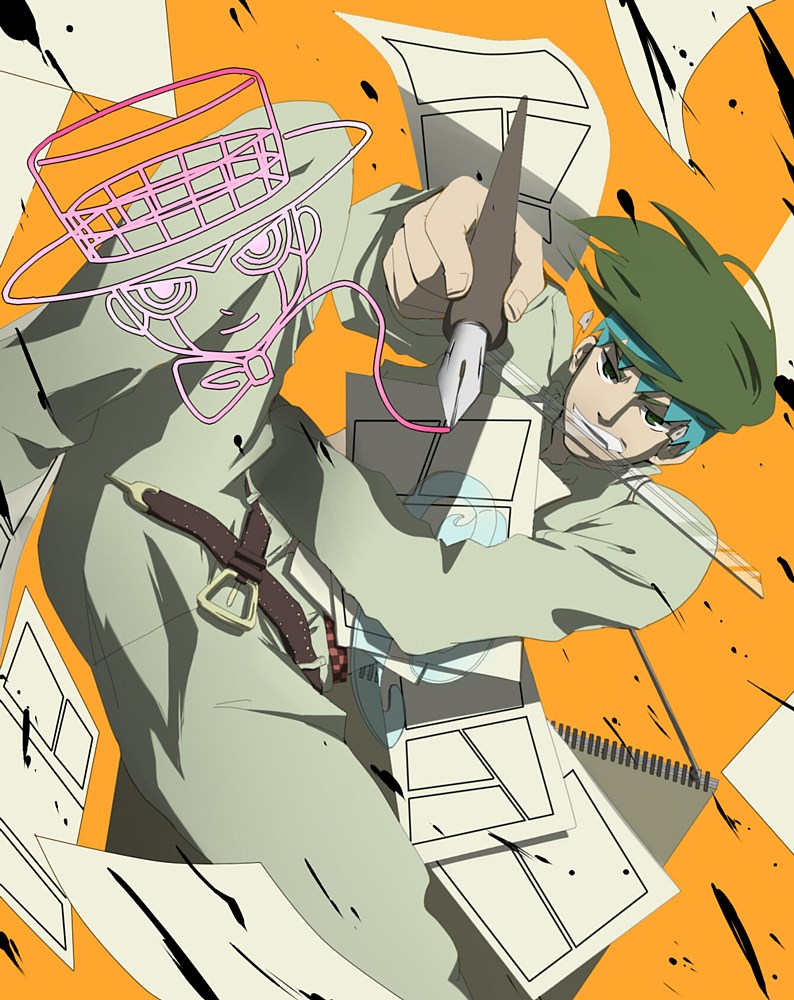 heaven's door, kishibe rohan, jojo no kimyou na bouken, 1boy, belt, earrings, fang, flying paper, green eyes, green hair, headband, ink, jewelry, male focus, paper, pen, ruler, sketchbook, solo, stand (jojo)