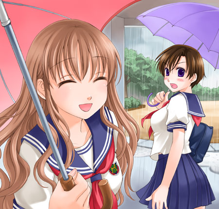 lowres, 2girls, blush, closed eyes, female focus, multiple girls, outdoors, plant, rain, school uniform, serafuku, sky, smile, standing, tree, umbrella, upper body