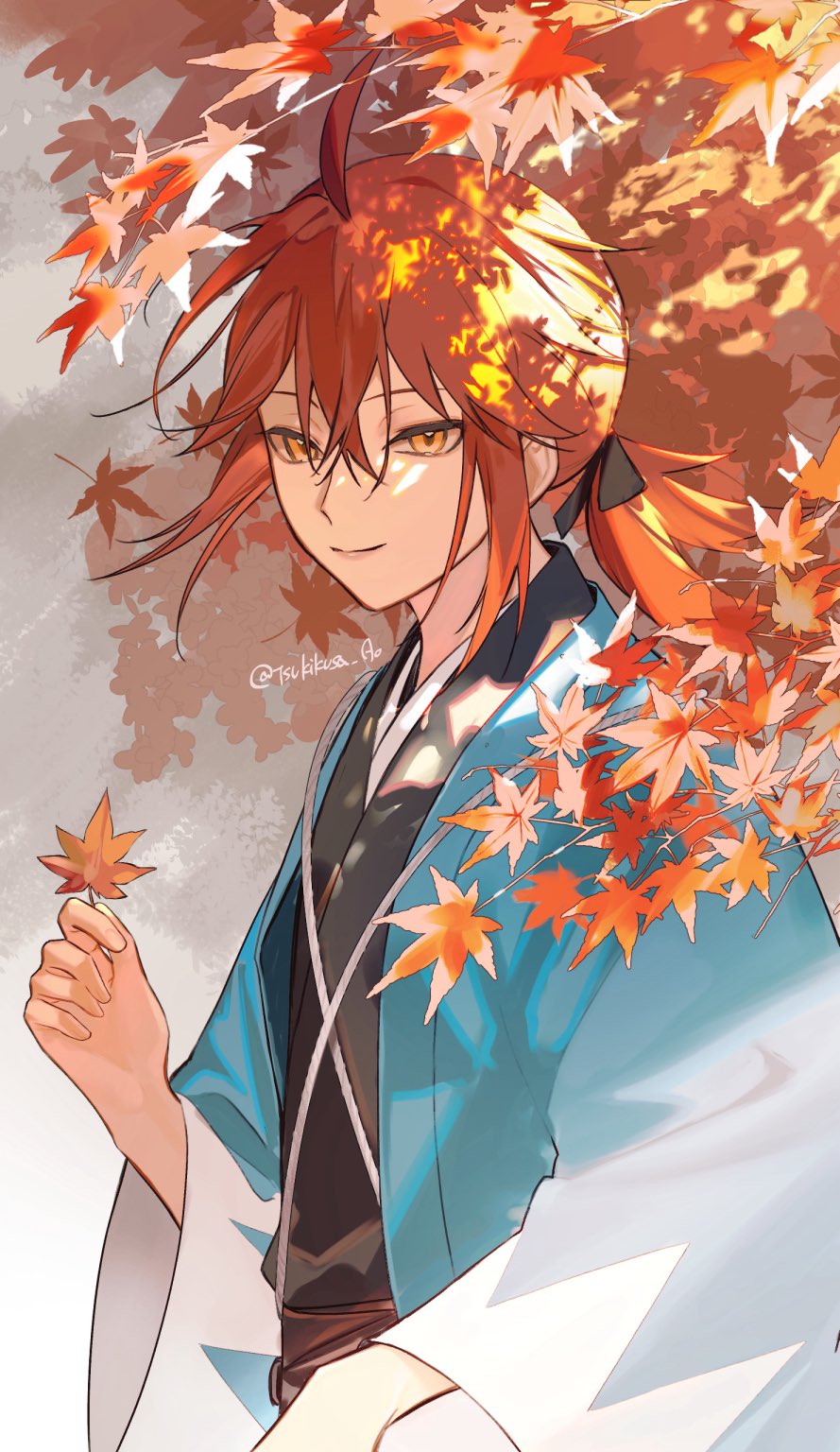 fujimaru ritsuka (female), fate/grand order, fate (series), commentary request, highres, 1girl, ahoge, autumn leaves, black ribbon, blue haori, closed mouth, hair between eyes, hair ribbon, haori, holding, holding leaf, japanese clothes, leaf, long hair, looking at viewer, official alternate costume, orange eyes, orange hair, ponytail, ribbon, shinsengumi, smile, solo, tsukikusa ao, twitter username