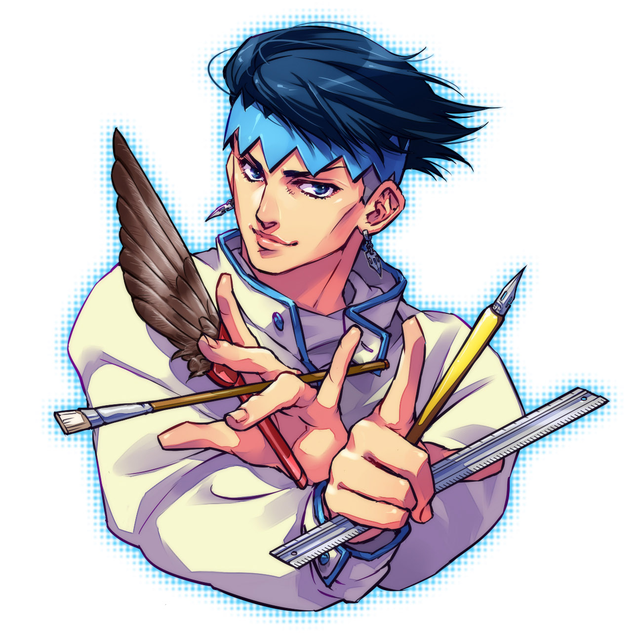 tetsukuzu tetsuko, kishibe rohan, jojo no kimyou na bouken, highres, 1boy, art brush, blue eyes, blue hair, coat, earrings, foreshortening, headband, jewelry, lips, male focus, paintbrush, pen, pointing, ruler, solo