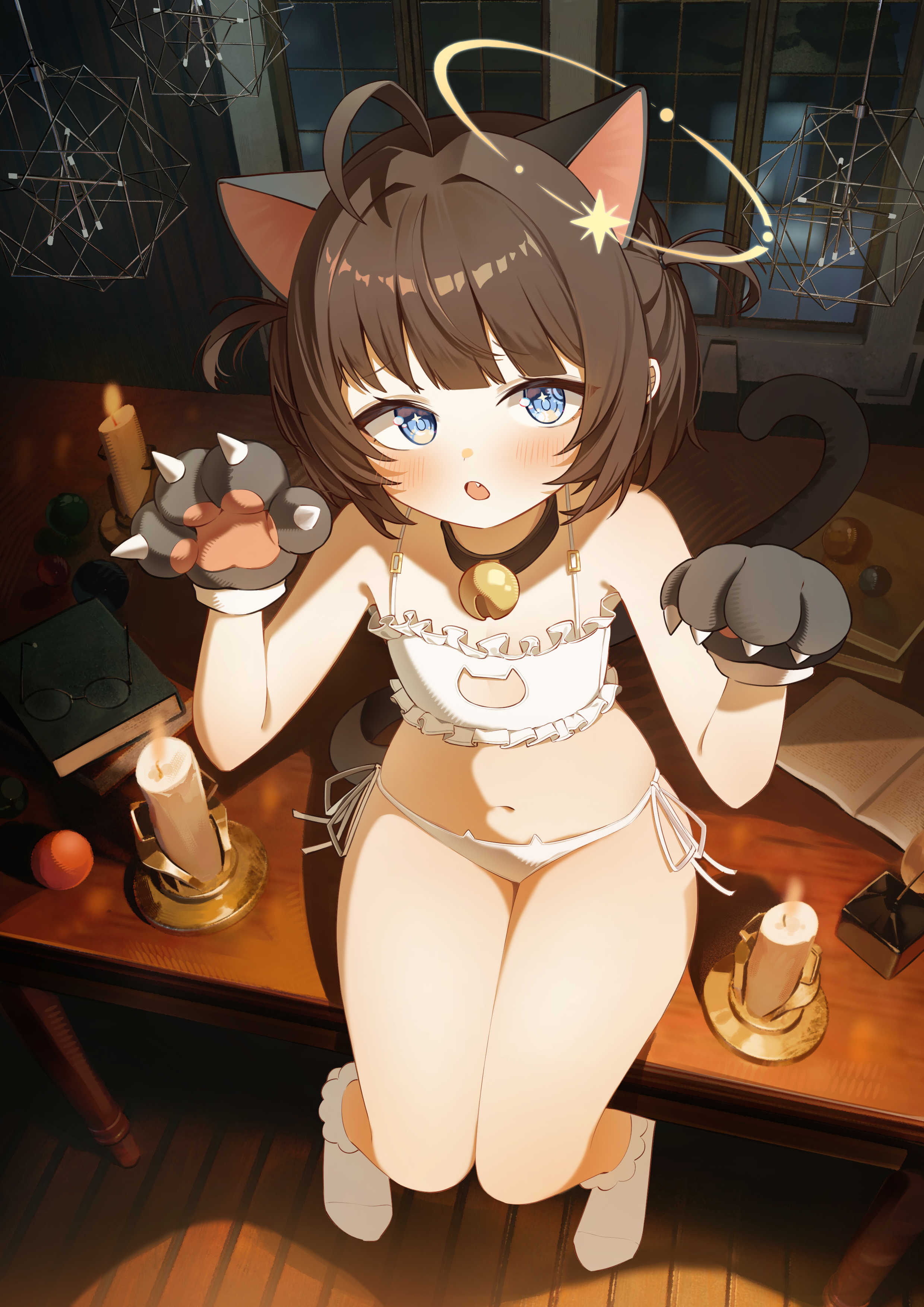 ramube, original, absurdres, commission, highres, 1girl, :o, ahoge, animal ears, animal hands, bell, black collar, blue eyes, blunt bangs, blush, book, bra, candle, cat ear panties, cat ears, cat lingerie, clawed gauntlets, cleavage cutout, clothing cutout, collar, fake claws, fang, flat chest, frilled bra, frilled socks, frills, from above, full body, gloves, halo, hanging light, indoors, led, light frown, looking at viewer, medium hair, navel, neck bell, night, no shoes, notebook, on table, panties, paw gloves, paw pose, side-tie panties, sitting, socks, stomach, table, thighs, two side up, underwear, unworn eyewear, white bra, white panties, white socks, window