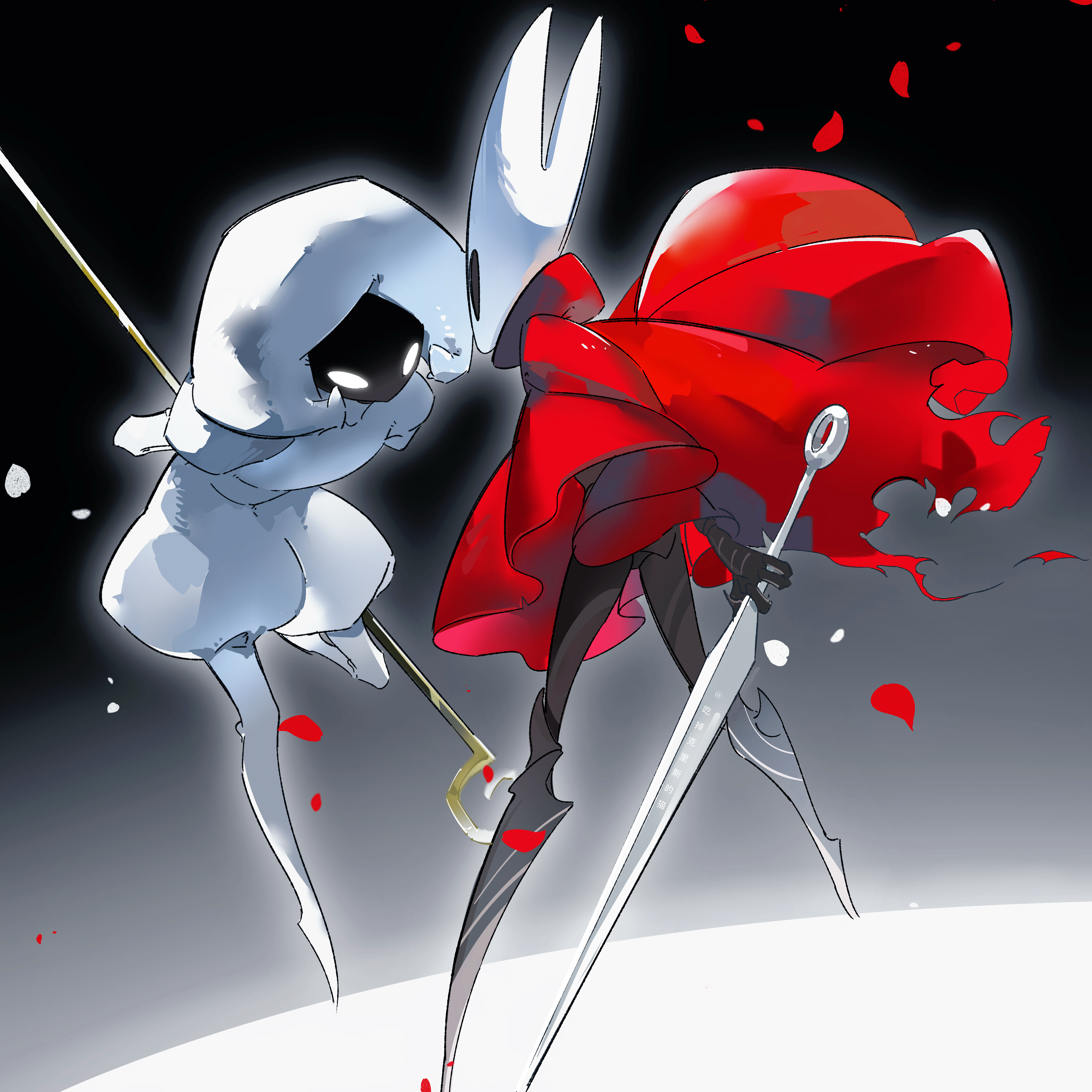natalienosound, hornet (hollow knight), lace (hollow knight), hollow knight, hollow knight: silksong, absurdres, chinese commentary, commentary request, highres, 2girls, arms behind back, arthropod girl, backlighting, black background, bodysuit, cloak, eye contact, face-to-face, fewer digits, full body, grey background, grey outline, hat, holding, holding weapon, hollow eyes, horned mask, leaning forward, legs apart, looking at another, mask, multiple girls, needle (hollow knight), no mouth, outline, pin (hollow knight), plantar flexion, puffy short sleeves, puffy sleeves, red cloak, red petals, short sleeves, simple background, standing, standing on one leg, weapon, white background, white bodysuit, white hat, white mask, white petals