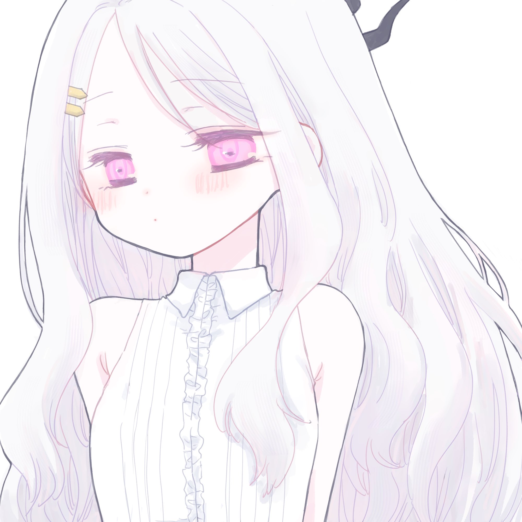 takahisayuki, hina (blue archive), blue archive, highres, 1girl, blush, breasts, demon girl, demon horns, frilled shirt, frills, horns, long hair, purple eyes, shirt, small breasts, very long hair, white hair, white shirt