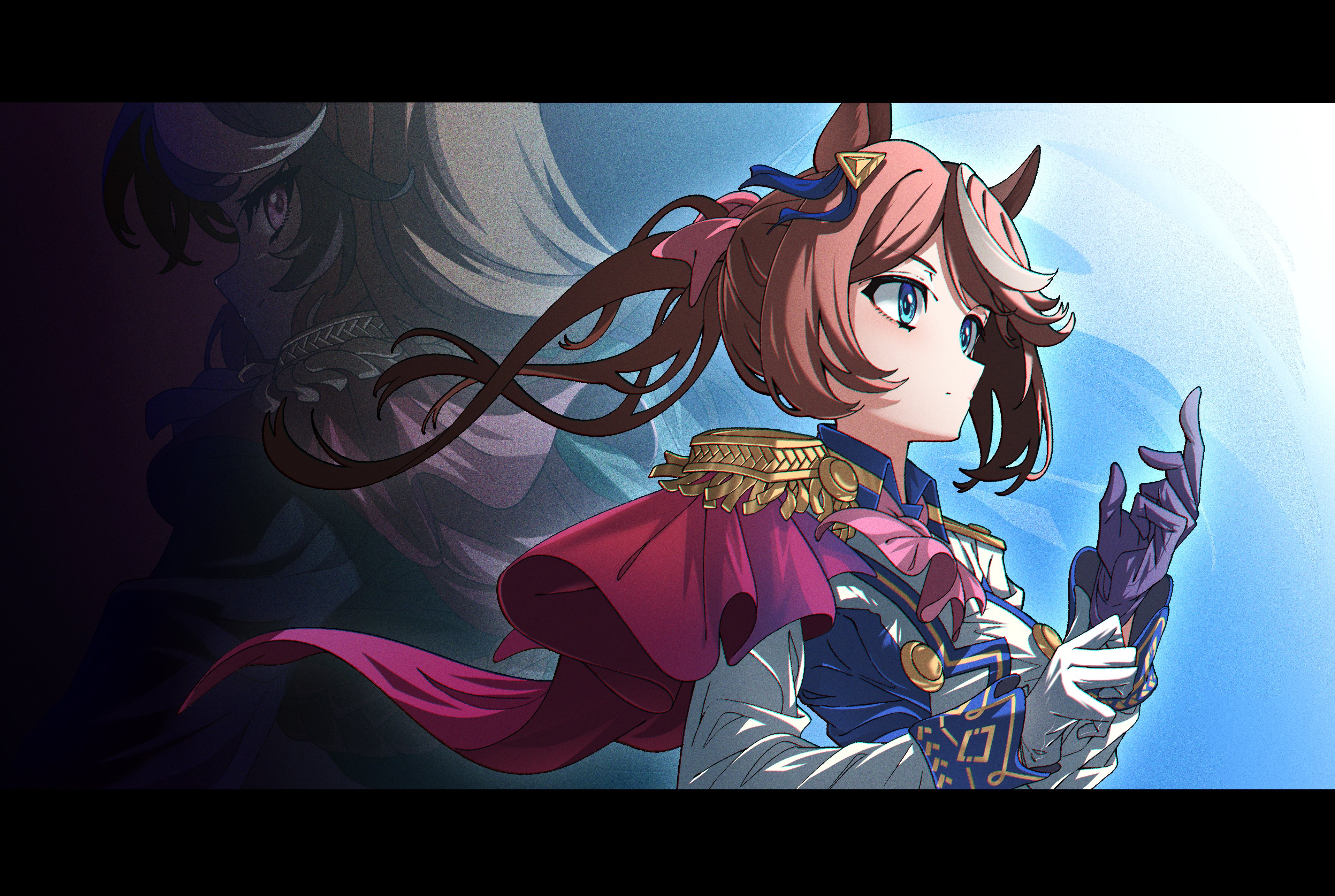 breakdiamond, symboli rudolf (umamusume), tokai teio (umamusume), umamusume, absurdres, highres, 2girls, animal ears, ascot, asymmetrical gloves, blue eyes, blush, bow, brown hair, ear bow, ear ornament, ear ribbon, gloves, hair between eyes, high ponytail, horse ears, horse girl, long sleeves, mismatched gloves, multicolored hair, multiple girls, pink ascot, ponytail, streaked hair, two-tone hair, white hair