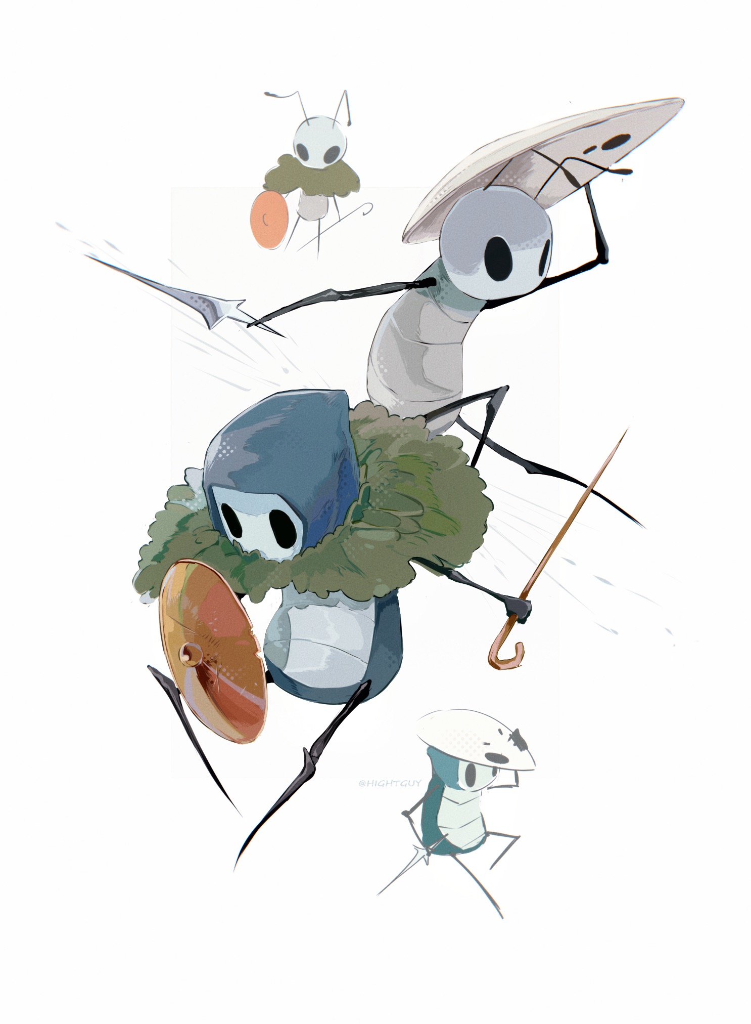 hightguy, quirrel, hollow knight, hollow knight: silksong, chinese commentary, commentary request, highres, 2boys, antennae, arthropod boy, artist name, border, brown hat, cosplay, costume switch, film grain, full body, grey background, halftone, hat, holding, holding mask, holding unworn clothes, holding unworn hat, holding weapon, hollow eyes, knee up, male focus, mask, multiple boys, outside border, quirrel (cosplay), seth (hollow knight), seth (hollow knight) (cosplay), simple background, unworn hat, unworn headwear, weapon, white background, white border, white hat