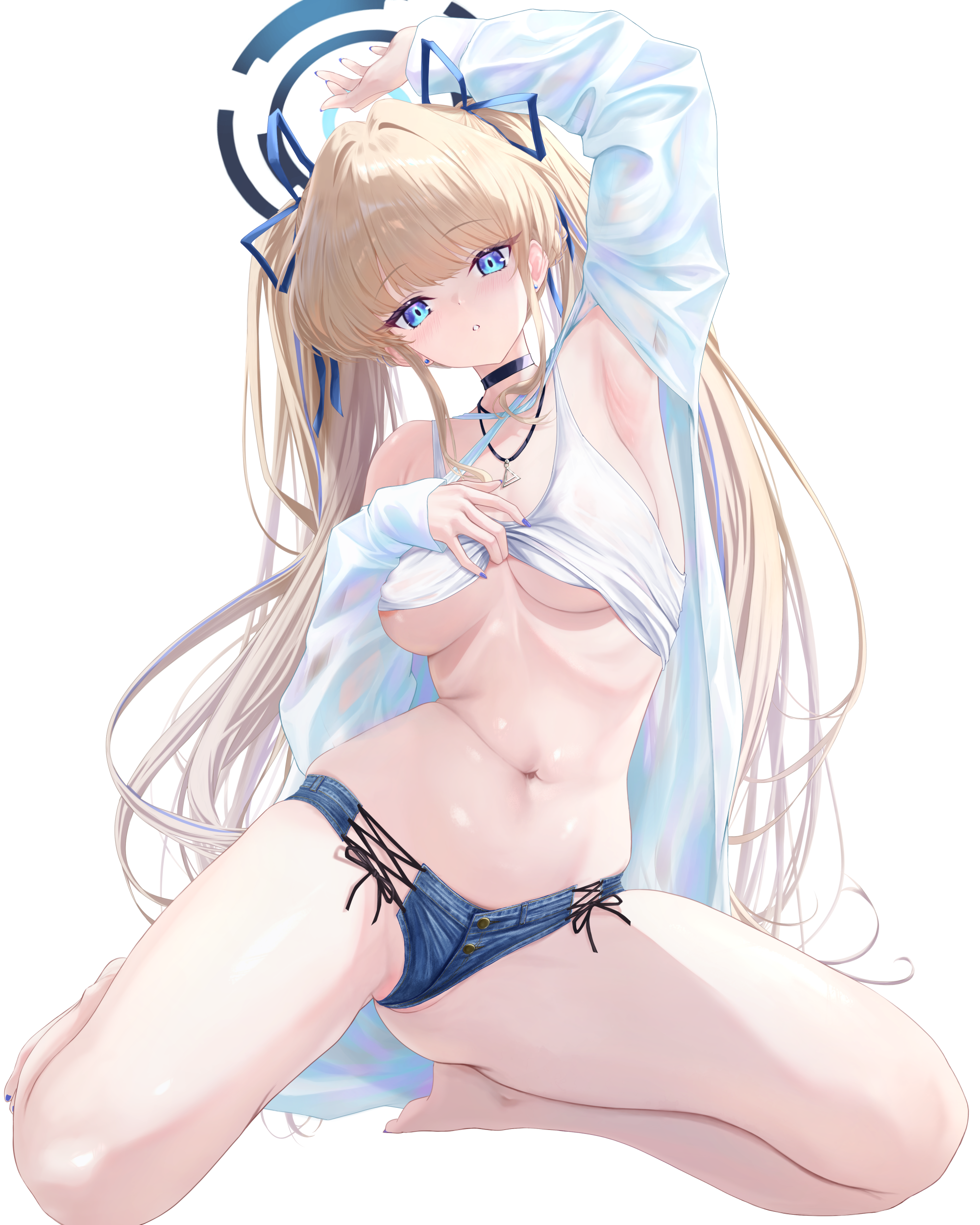 noa (skae3323), toki (blue archive), blue archive, absurdres, highres, 1girl, arm up, armpits, blonde hair, blue eyes, blue nails, braid, breasts, halo, long hair, looking at viewer, medium breasts, navel, presenting armpit, solo, twintails