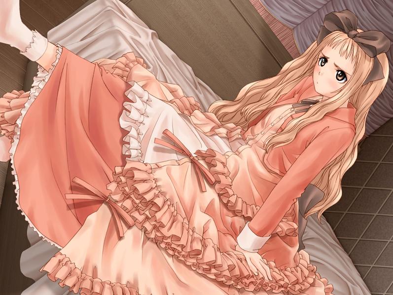 tony taka, nakakouji ayano, genmukan, game cg, non-web source, 00s, 1girl, bed, blush, bow, brown eyes, brown hair, dress, female focus, flat chest, frills, frown, hair bow, long hair, sitting, socks, solo, wavy hair