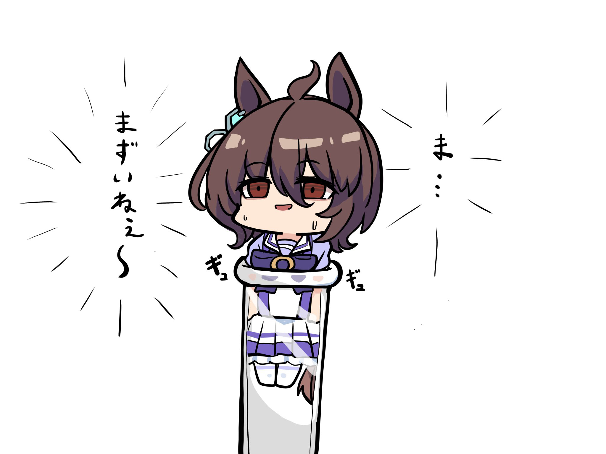 kawamochi (tddm3573), agnes tachyon (umamusume), umamusume, highres, translation request, 1girl, ahoge, animal ears, bow, brown eyes, brown hair, hair between eyes, horse ears, horse girl, horse tail, mini person, minigirl, nervous smile, pantyhose, parted lips, pleated skirt, puffy short sleeves, puffy sleeves, purple bow, purple shirt, shirt, short sleeves, simple background, skirt, smile, solo, sweat, tail, vial, white background, white pantyhose, white skirt