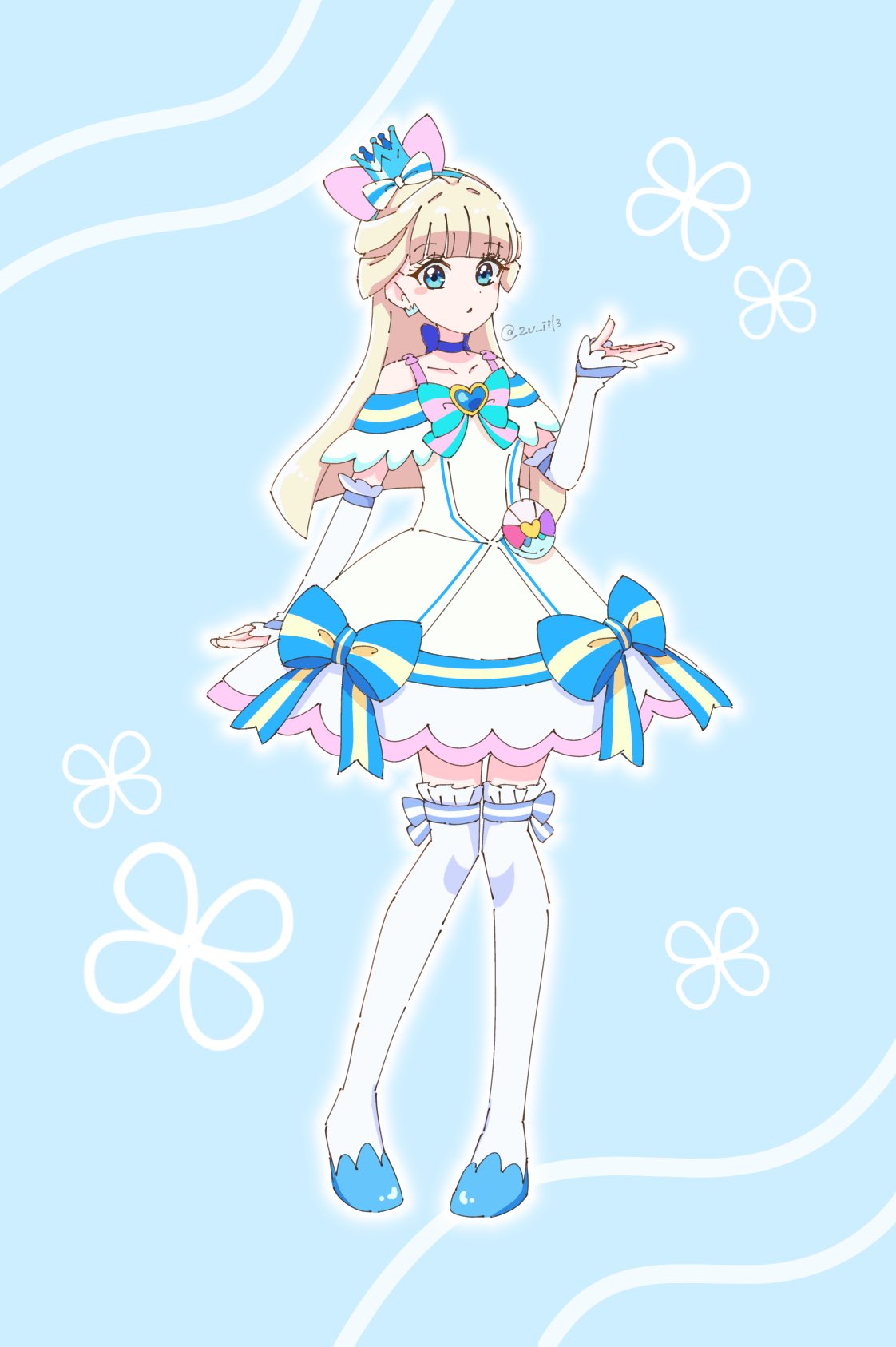 2v iil3, cure nyammy, nekoyashiki yuki, precure, wonderful precure!, commentary, highres, 1girl, animal ear hairband, animal ears, aqua bow, arm at side, arm warmers, bare shoulders, blonde hair, blue background, blue bow, blue choker, blue crown, blue eyes, blue hairband, blue shoes, blue theme, blunt bangs, blunt ends, blush, bow, bow hairband, brooch, cat ear hairband, cat ears, choker, colored petticoat, cosplay, crown, crown earrings, cure nyammy (cosplay), dress, dress bow, earrings, fake animal ears, floral background, frilled arm warmers, frilled dress, frilled thighhighs, frills, full body, hairband, half updo, hand up, heart, heart brooch, jewelry, knees together feet apart, long hair, looking at viewer, magical girl, medium dress, mini crown, multicolored bow, off-shoulder dress, off shoulder, pact holder, parted lips, petticoat, pouch, self cosplay, shiny cats pact, shoes, solo, standing, striped bow, thighhighs, tilted headwear, twitter username, white arm warmers, white bow, white dress, white thighhighs, zettai ryouiki
