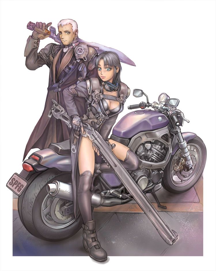 kuratch, original, vehicle, 1boy, 1girl, blue eyes, breasts, cleavage, goggles, gun, large breasts, motor vehicle, motorcycle, sword, weapon
