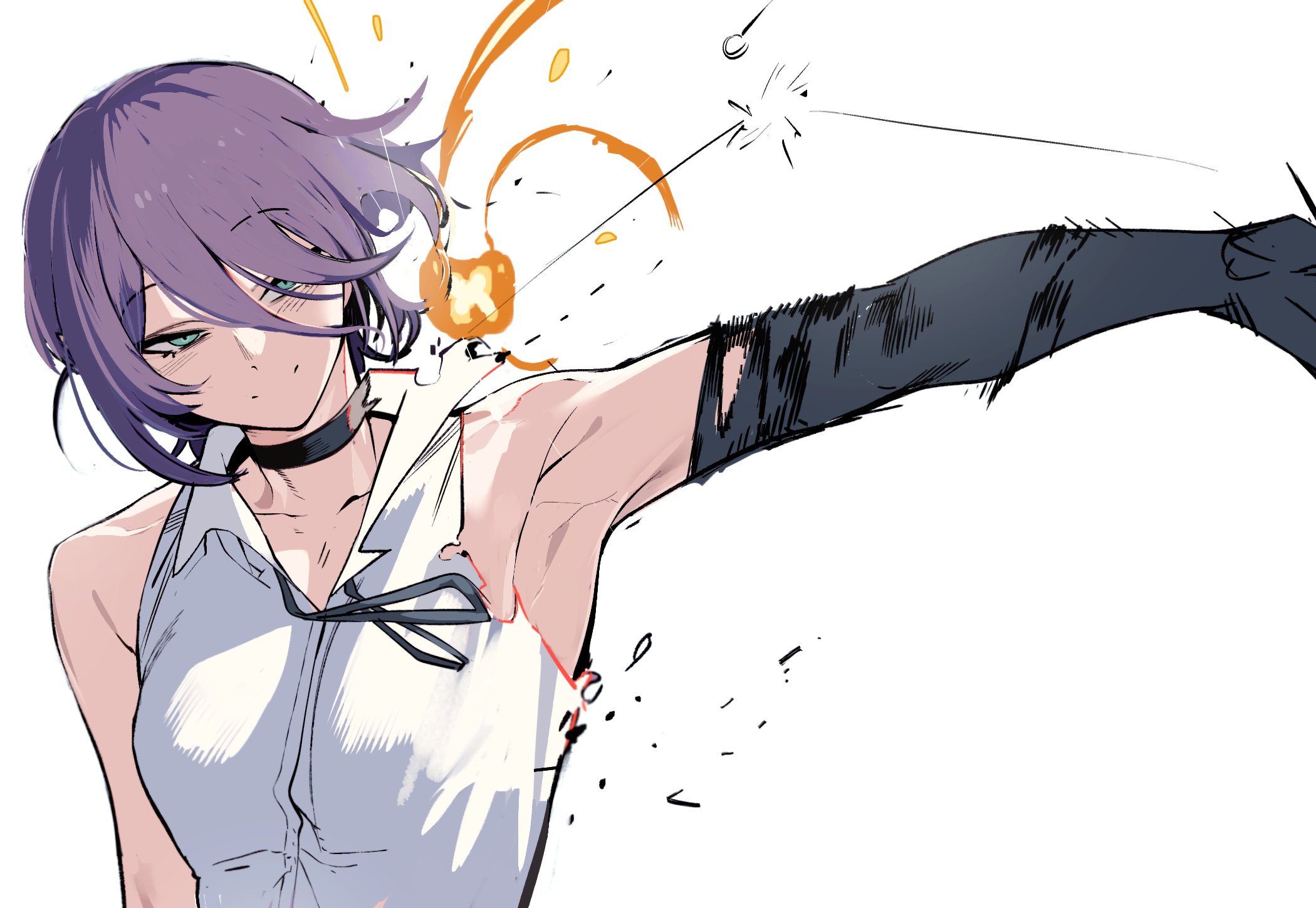 urec, reze (chainsaw man), chainsaw man, highres, 1girl, black choker, choker, collared shirt, elbow gloves, explosion, gloves, green eyes, grenade pin, hair between eyes, neck ribbon, purple hair, ribbon, shirt, sleeveless, sleeveless shirt, solo, white shirt