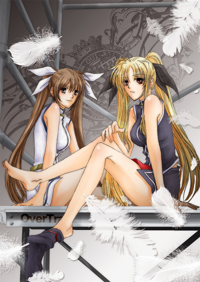 lina (interlude), fate testarossa, takamachi nanoha, lyrical nanoha, mahou shoujo lyrical nanoha, duplicate, 00s, 2girls, bare legs, bare shoulders, barefoot, belt, blonde hair, brown hair, buckle, feathers, hair ribbon, long hair, looking at viewer, multiple girls, red eyes, ribbon, sitting, twintails, very long hair