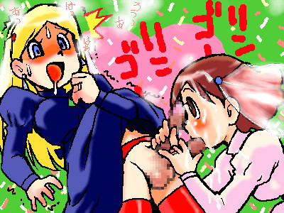 ramb chop, dalursa, kasuga eri, chinpui, lowres, 1futa, 1girl, blonde hair, blue eyes, blush, bride, brown eyes, brown hair, censored, cum, cum on body, double handjob, dress, extra penises, facial, fellatio, futa with female, futanari, handjob, long hair, mosaic censoring, oekaki, open mouth, oral, penis, saliva, short hair, testicles, thighhighs, veil, wedding, wedding dress