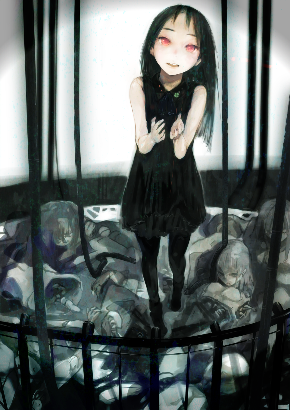 nimirom, original, commentary request, highres, 1girl, android, bare arms, black boots, black dress, black hair, black pantyhose, boots, cable, clone, collared dress, dress, full body, hands up, head tilt, indoors, joints, long hair, looking at viewer, mechabare, open mouth, pantyhose, parted bangs, raised eyebrows, red eyes, robot joints, short dress, sleeveless, sleeveless dress, standing, teeth, upper teeth only