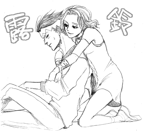 kishibe rohan, sugimoto reimi, jojo no kimyou na bouken, lowres, 1boy, 1girl, armband, blush, choker, couple, earrings, ghost, greyscale, hairband, headband, hetero, hug, hug from behind, jewelry, kneeling, monochrome, short hair, sitting, smile, sweatdrop