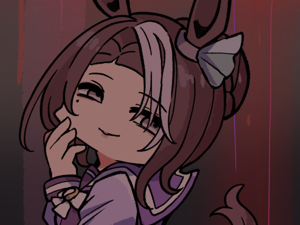 kawamochi (tddm3573), mejiro ramonu (umamusume), umamusume, 1girl, bow, braid, brown hair, closed mouth, forehead, from side, grey eyes, grey hair, hair bun, half-closed eyes, hand up, head tilt, horse girl, long sleeves, looking at viewer, looking to the side, mole, mole under eye, multicolored hair, parted bangs, parted lips, puffy long sleeves, puffy sleeves, purple shirt, school uniform, shirt, solo, tracen school uniform, two-tone hair, upper body, white bow