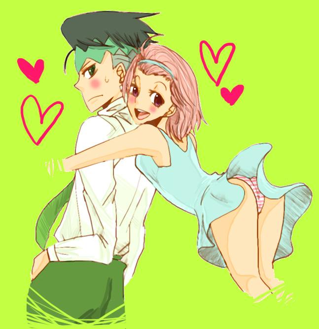 pino p, kishibe rohan, sugimoto reimi, jojo no kimyou na bouken, bad id, bad pixiv id, 1boy, 1girl, blush, couple, dress, ghost, green eyes, green hair, hairband, headband, heart, hetero, hug, hug from behind, necktie, open mouth, panties, pink eyes, pink hair, striped clothes, striped panties, sweatdrop, underwear