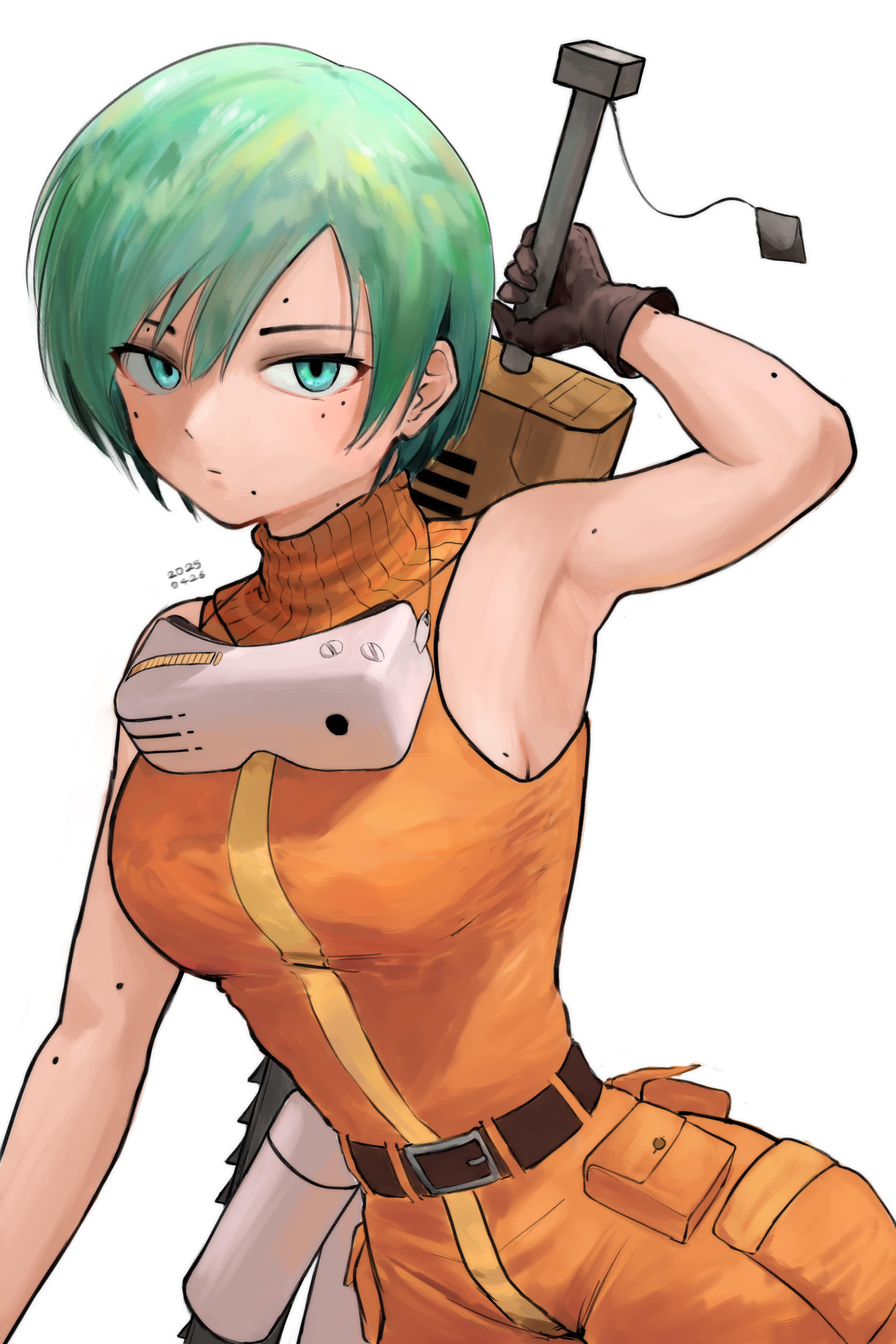 absurdres, commentary, english commentary, highres, 1girl, aqua eyes, aqua hair, armpit focus, armpits, bare shoulders, belt, body freckles, breasts, chainsword, cowboy shot, dated, dopefiend, freckles, head-mounted display, holding, holding behind back, holding sword, holding sword behind back, holding weapon, holding weapon behind back, jumpsuit, looking at viewer, motorslice, orange jumpsuit, p (motorslice), presenting armpit, sanpaku, short hair, simple background, small breasts, solo, sword, tomboy, turtleneck jumpsuit, weapon, white background